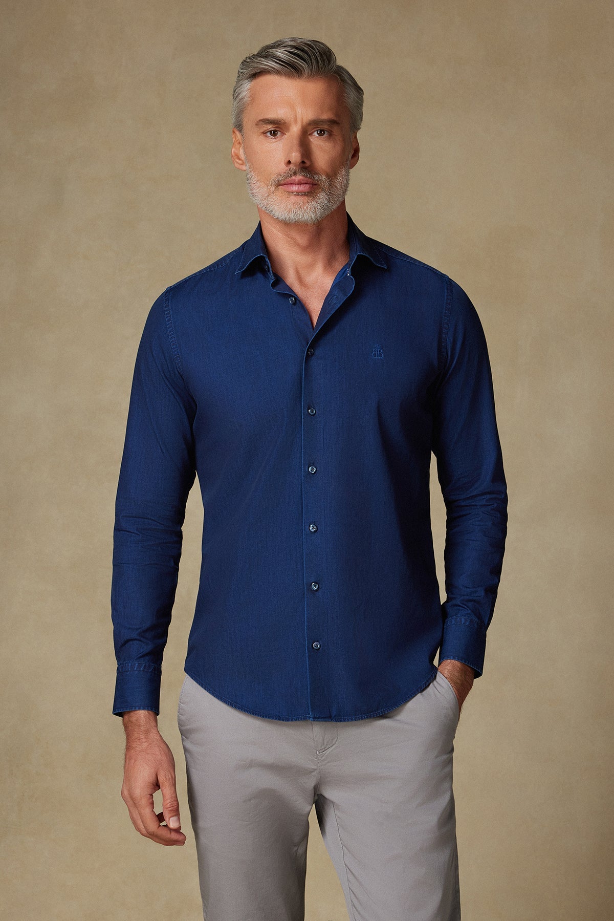 Abbate Donatello Denim Pamuklu Comfort Fit Koyu Mavi Klasik Yaka Erkek Düz Gömlek