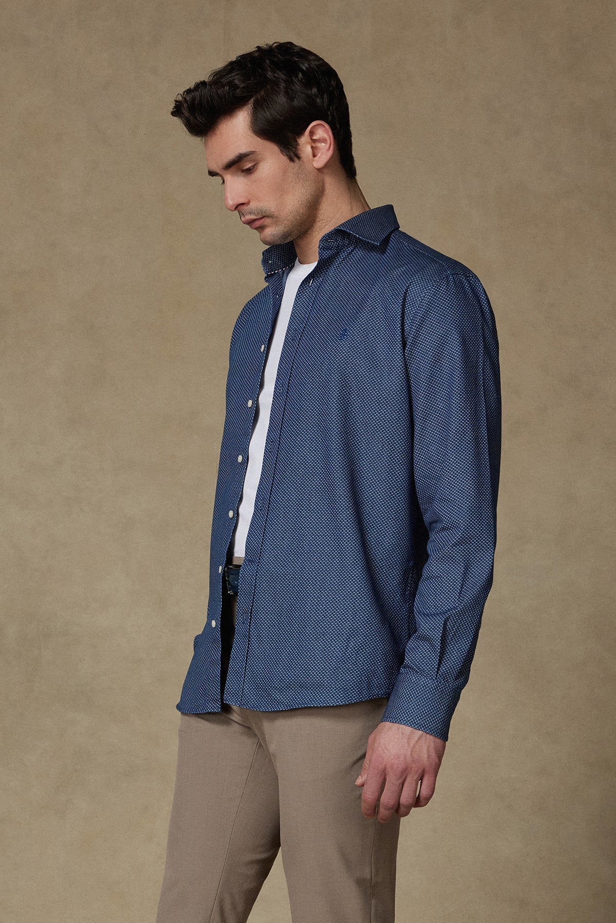 Abbate Donatello Denim Pamuklu Comfort Fit Lacivert Klasik Yaka Erkek Baskılı Gömlek