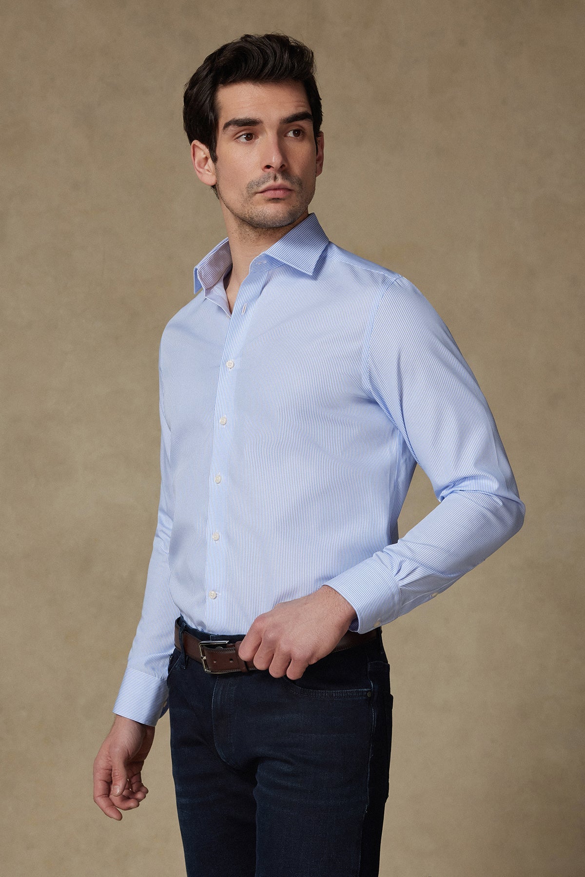 Abbate Donatello Non Iron Poplin Pamuklu Slim Fit Açık Mavi Klasik Yaka Erkek Çizgili Gömlek