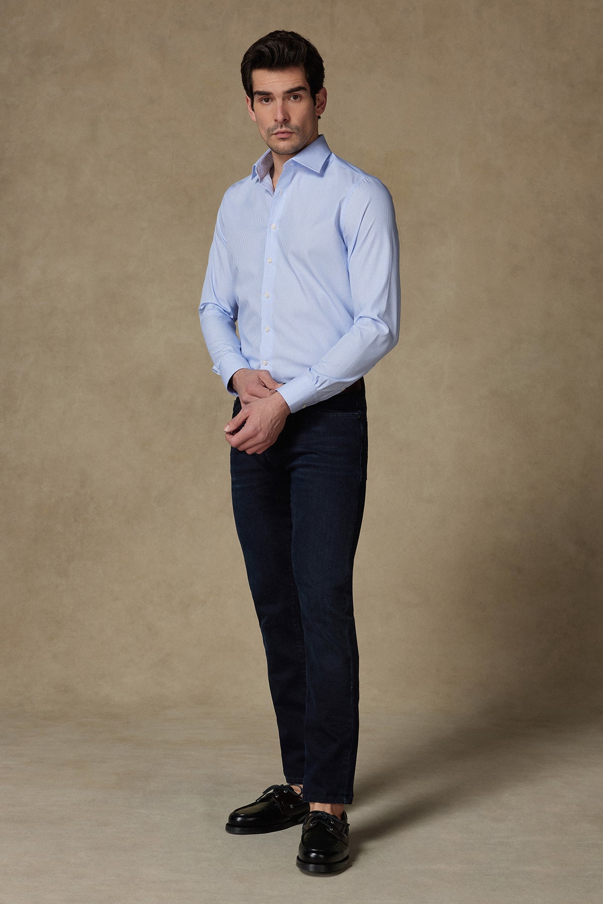 Abbate Donatello Non Iron Poplin Pamuklu Slim Fit Açık Mavi Klasik Yaka Erkek Çizgili Gömlek