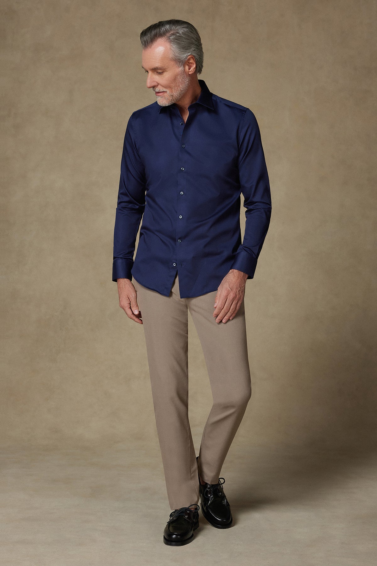 Abbate Donatello Saten Pamuklu Slim Fit Lacivert Klasik Yaka Erkek Düz Gömlek