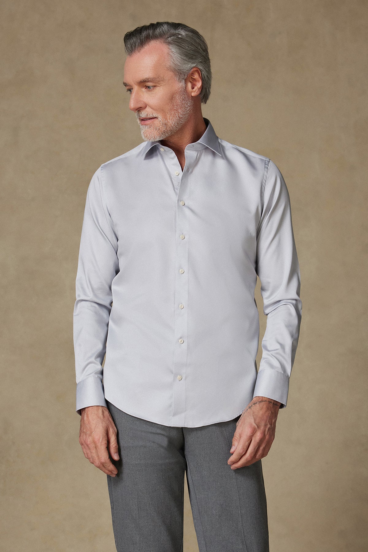 Abbate Donatello Saten Pamuklu Slim Fit Açık Gri Klasik Yaka Erkek Düz Gömlek
