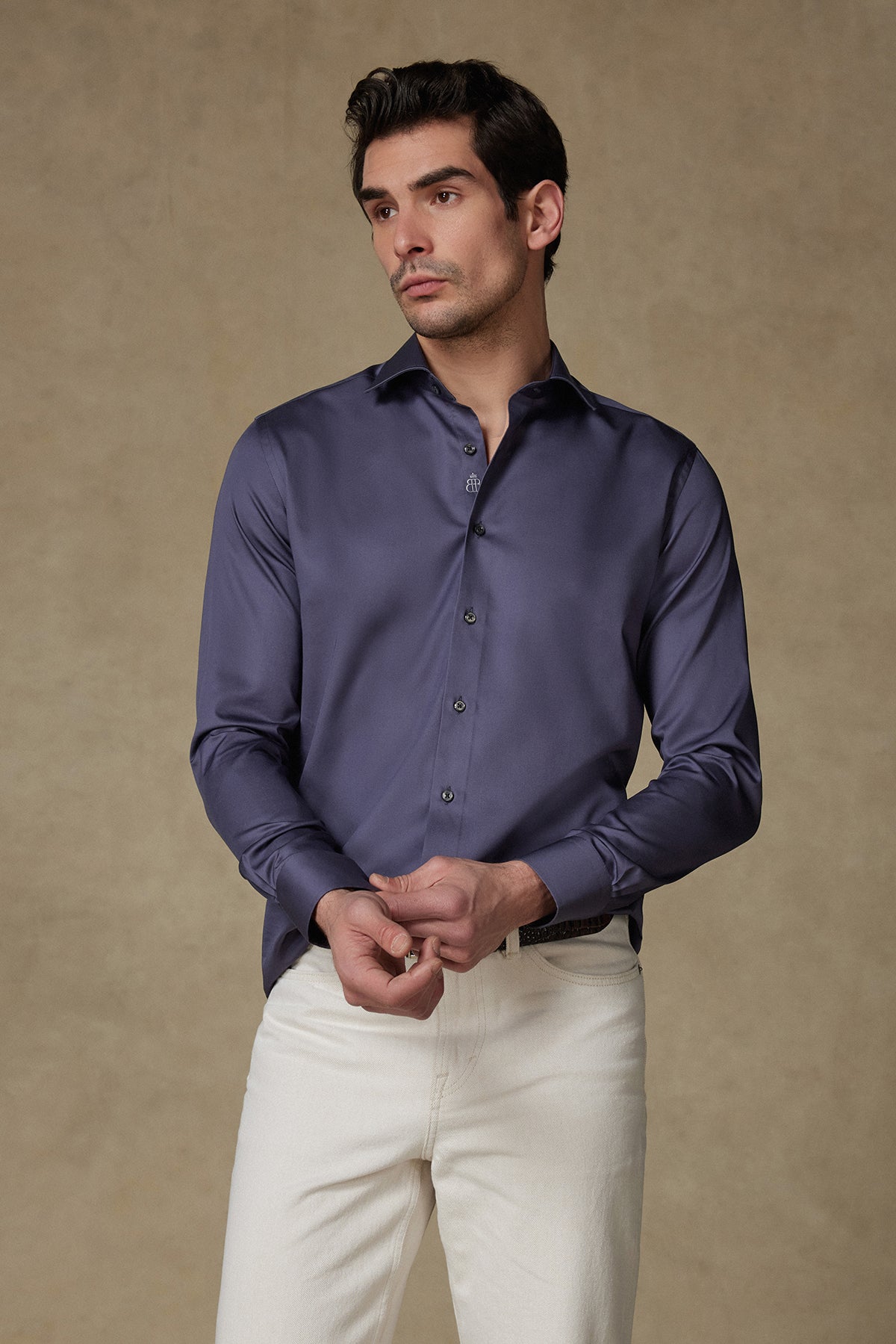 Abbate Donatello Saten Pamuklu Slim Fit Antrasit Klasik Yaka Erkek Düz Gömlek