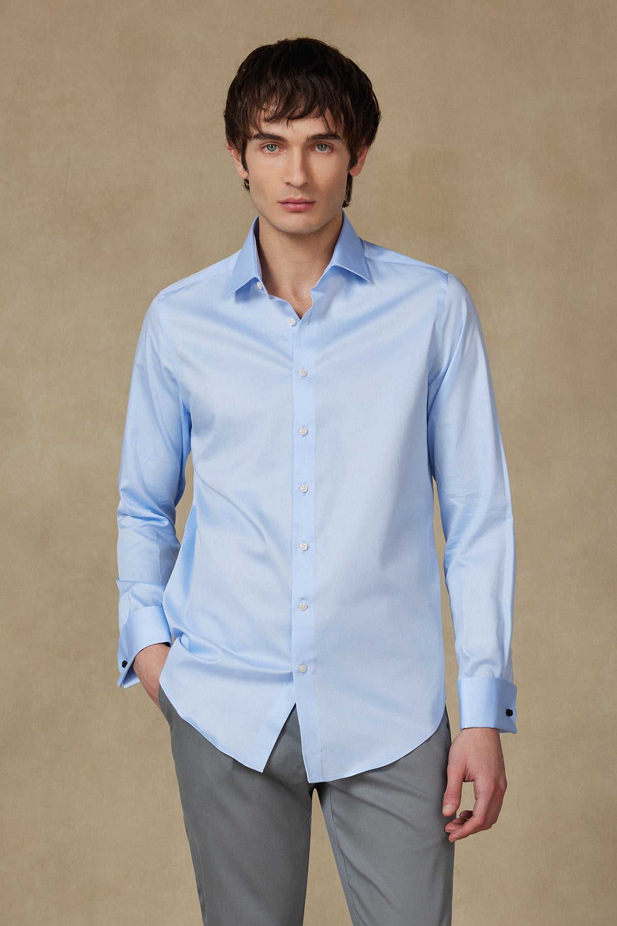 Abbate Francesco Saten Pamuklu Slim Fit Açık Mavi Klasik Yaka Erkek Düz Gömlek