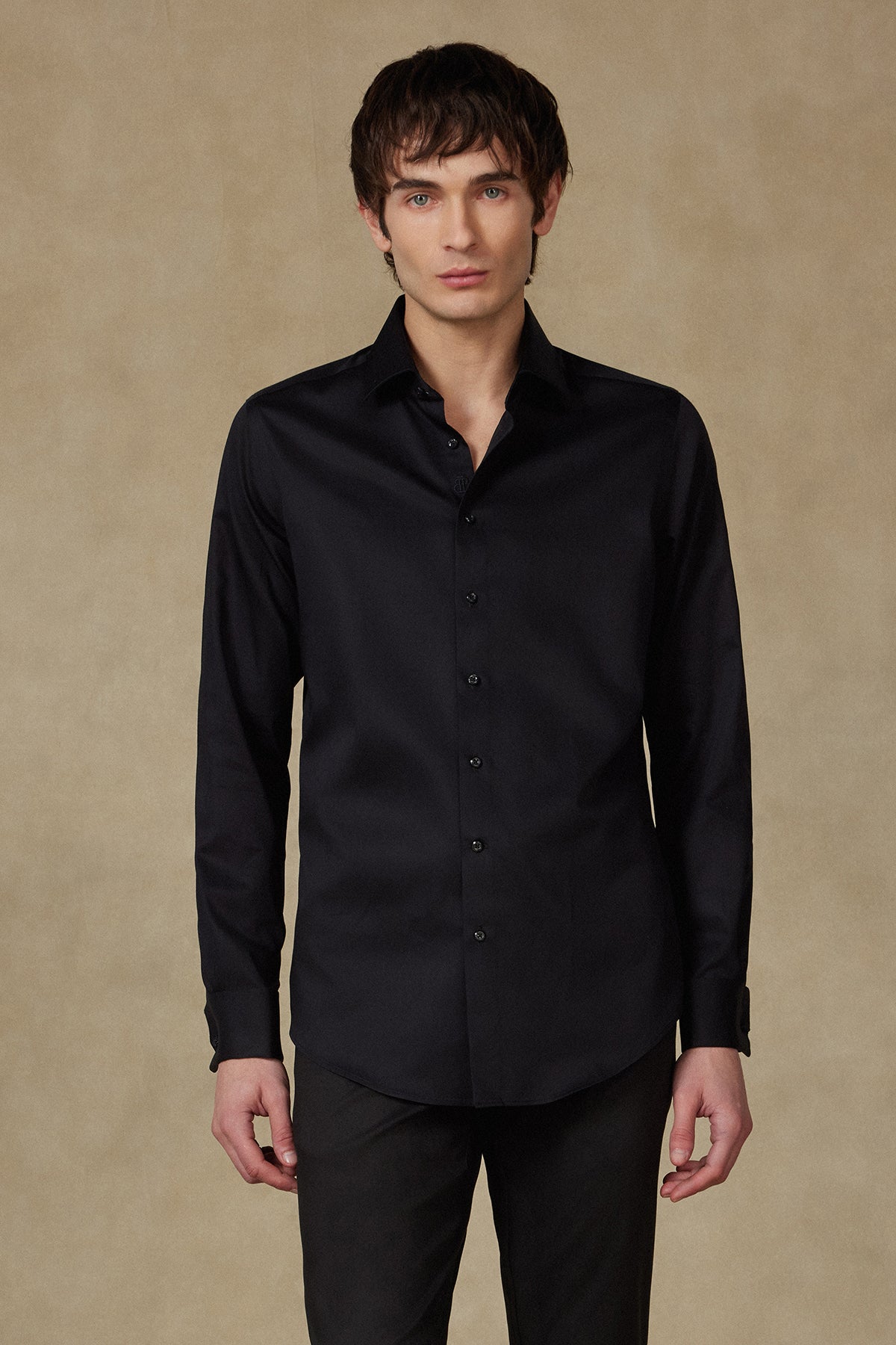 Abbate Francesco Saten Pamuklu Slim Fit Siyah Klasik Yaka Erkek Düz Gömlek