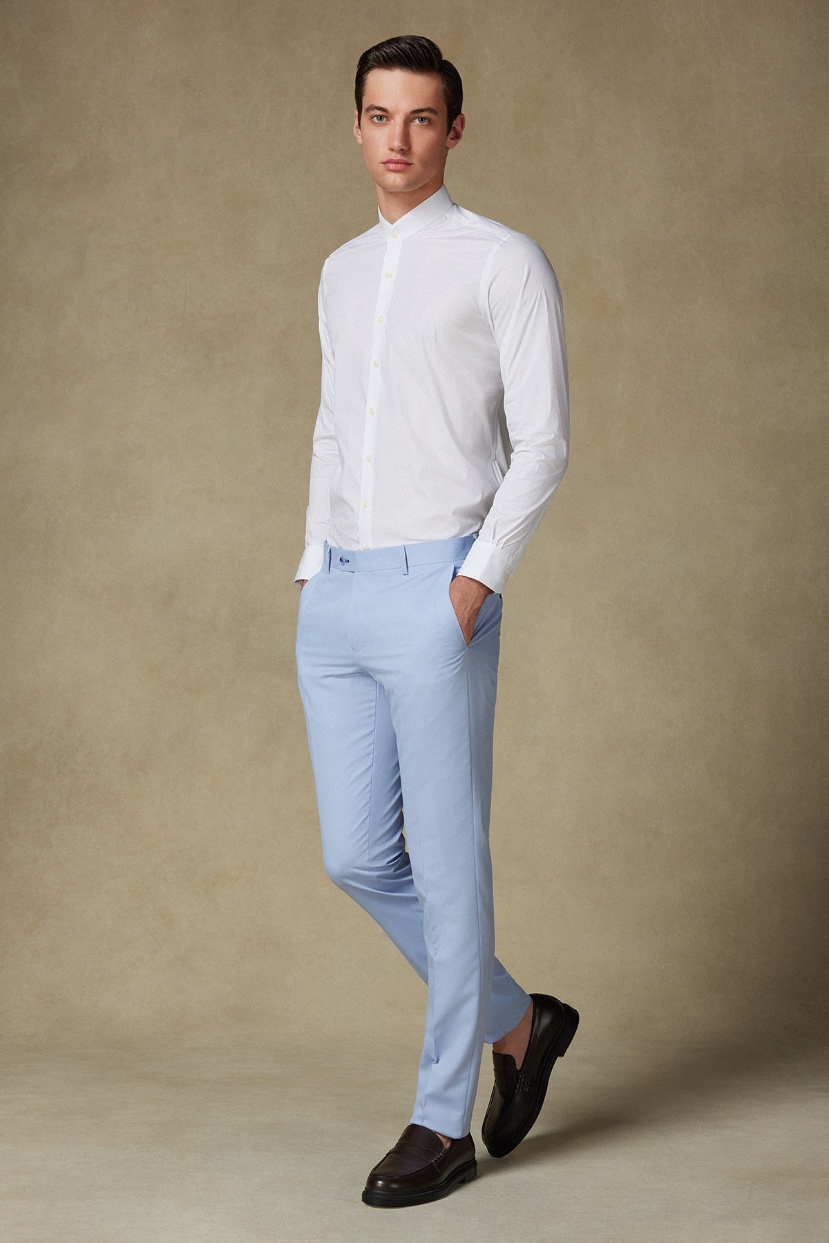 Abbate Mao Poplin Stretch Pamuk Karışımlı Slim Fit Beyaz Hakim Yaka Erkek Düz Gömlek