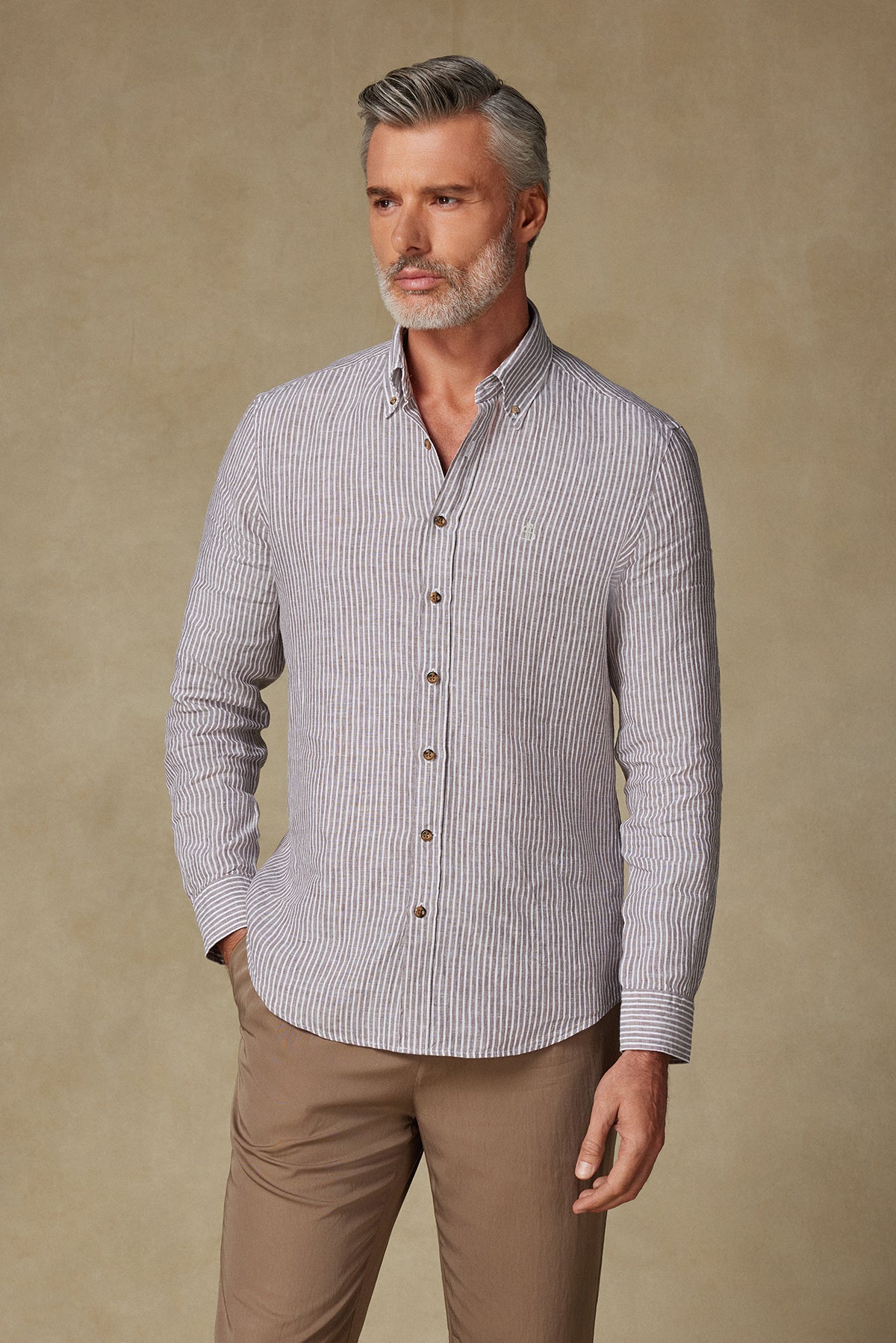 Abbate Sorento Keten Keten Comfort Fit Kahverengi Düğmeli Yaka Erkek Çizgili Gömlek