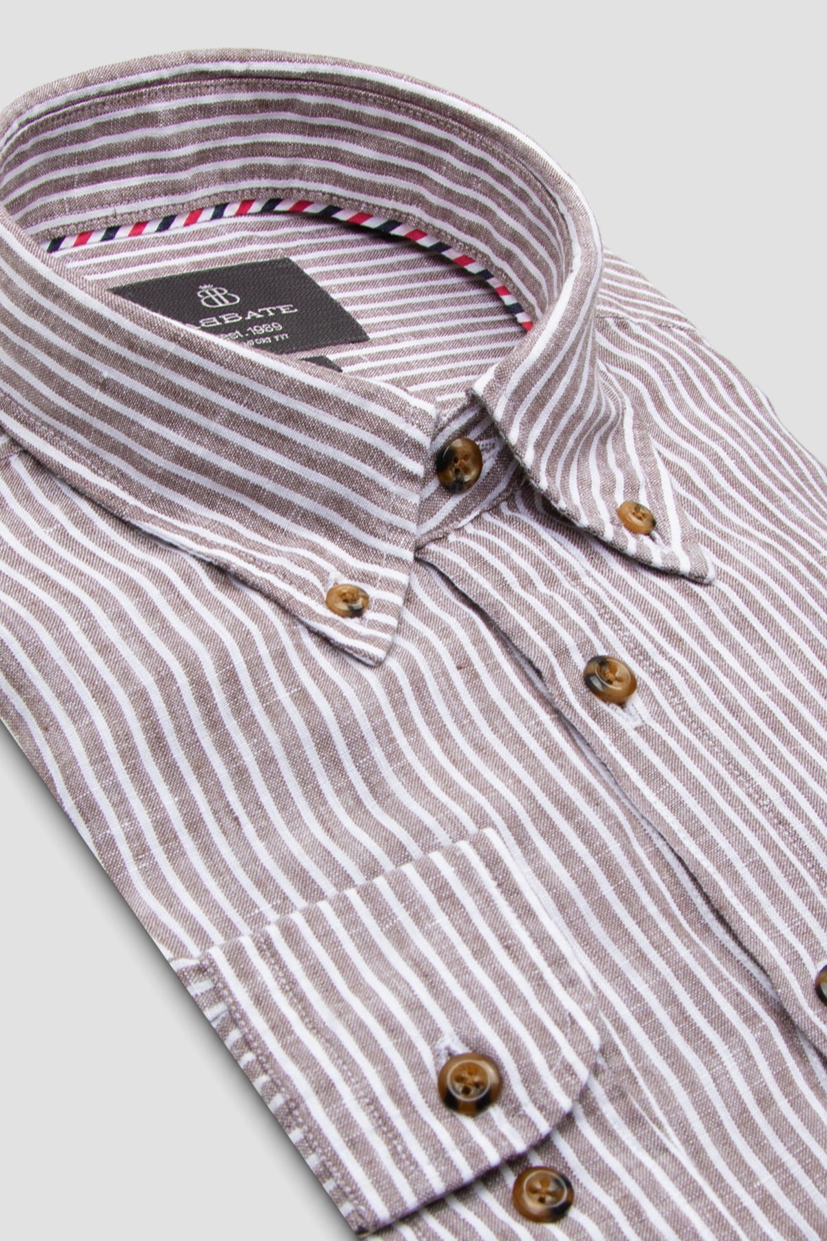 Abbate Sorento Keten Keten Comfort Fit Kahverengi Düğmeli Yaka Erkek Çizgili Gömlek