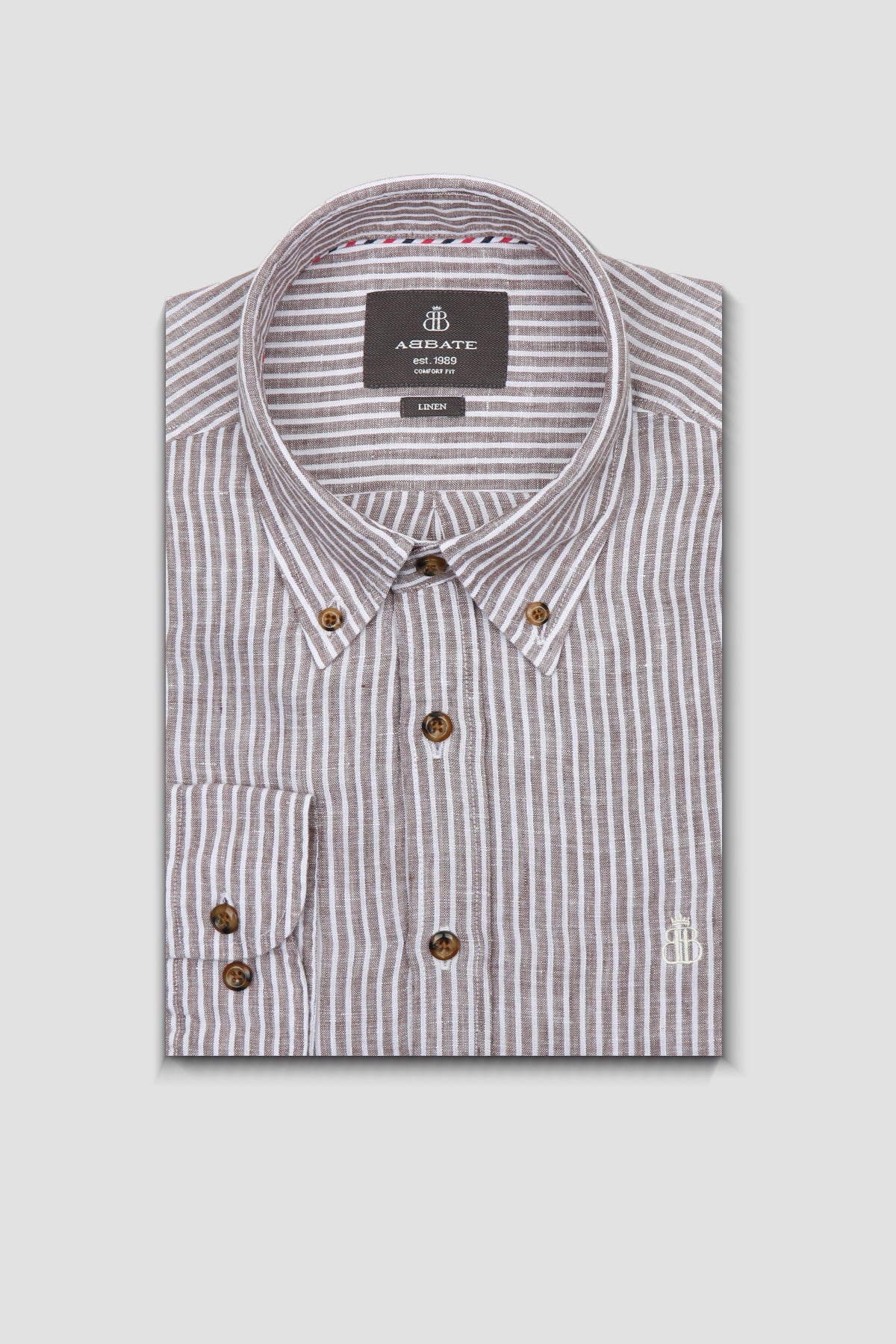 Abbate Sorento Keten Keten Comfort Fit Kahverengi Düğmeli Yaka Erkek Çizgili Gömlek