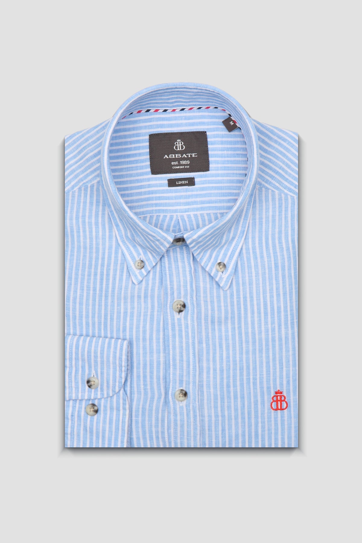 Abbate Sorento Keten Keten Comfort Fit Açık Mavi Düğmeli Yaka Erkek Çizgili Gömlek