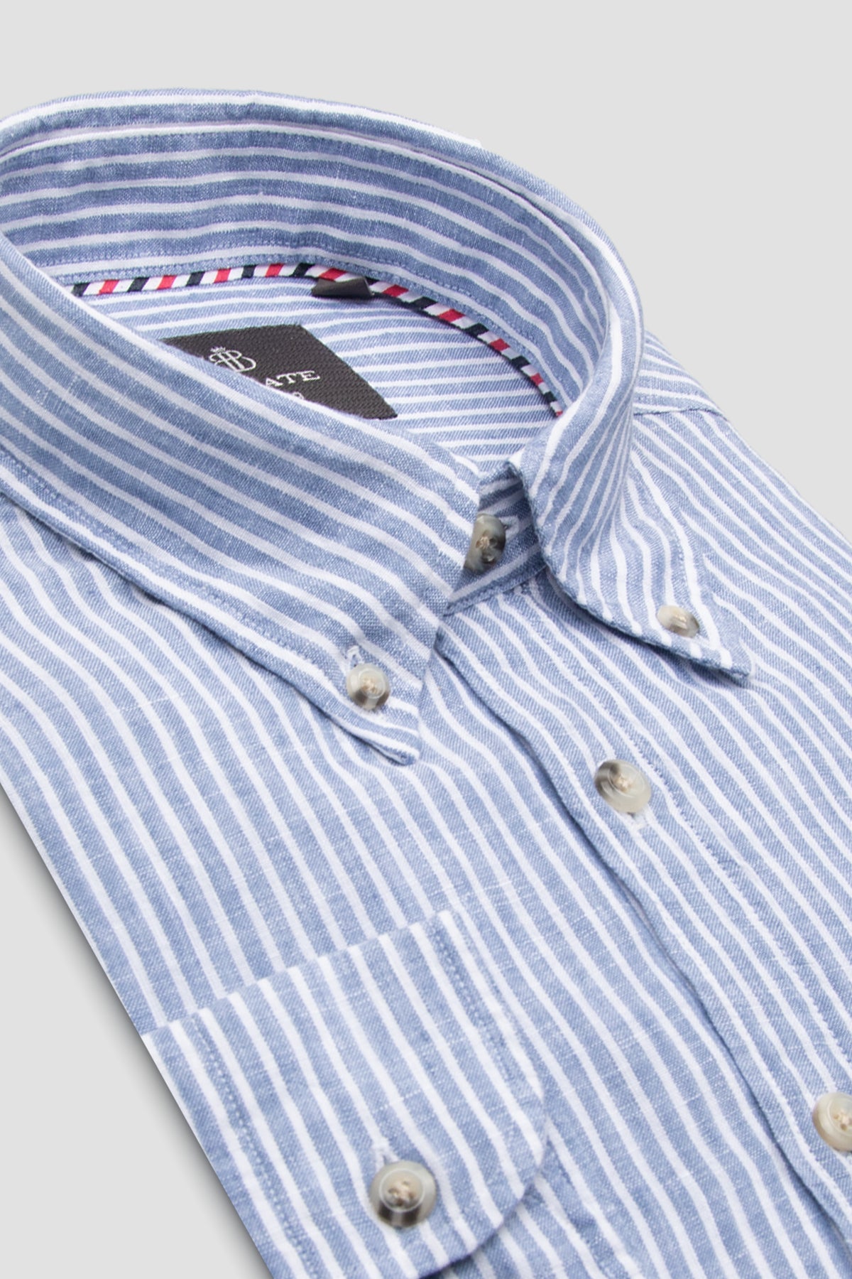 Abbate Sorento Keten Keten Comfort Fit Koyu Mavi Düğmeli Yaka Erkek Çizgili Gömlek
