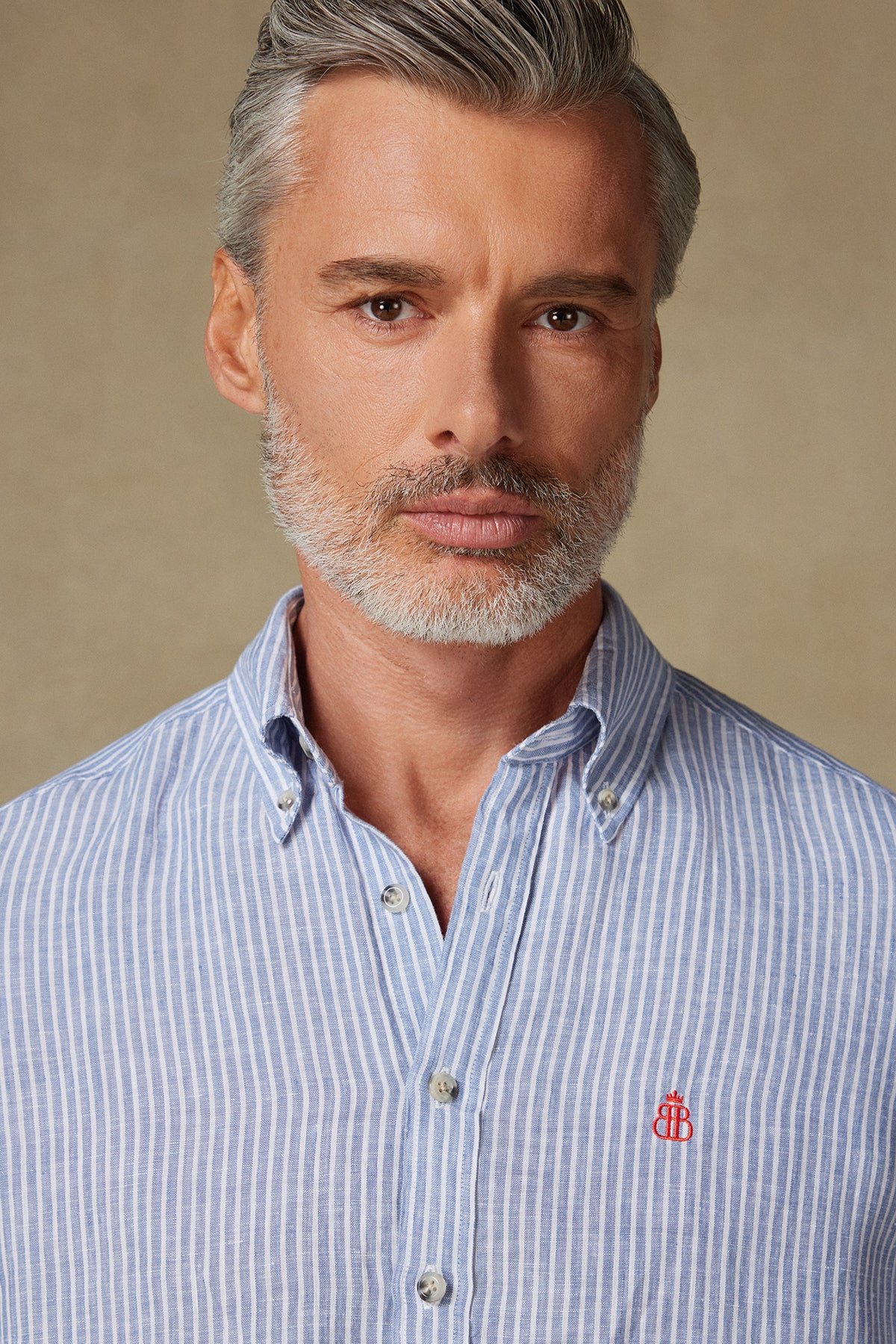 Abbate Sorento Keten Keten Comfort Fit Koyu Mavi Düğmeli Yaka Erkek Çizgili Gömlek