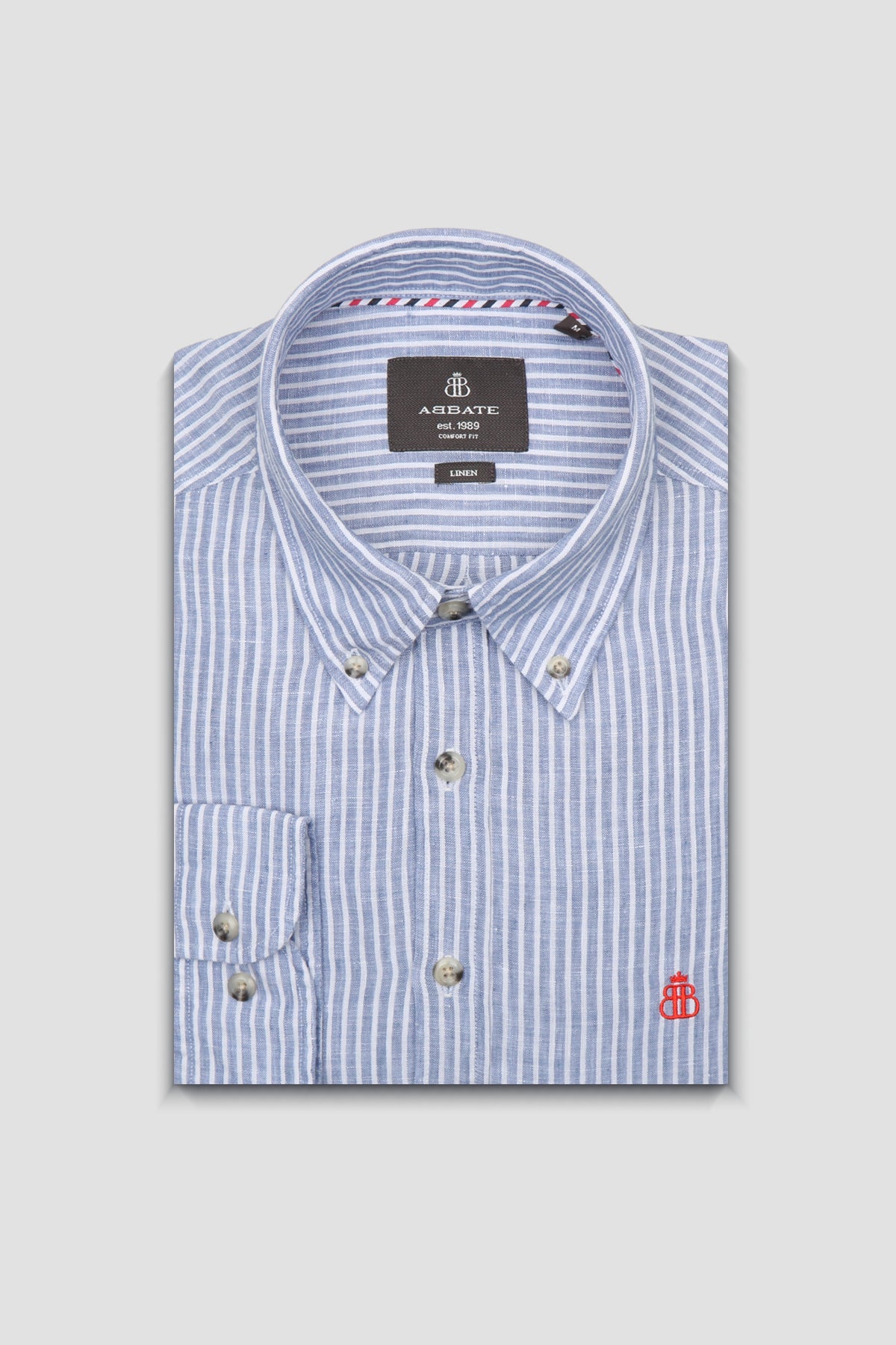 Abbate Sorento Keten Keten Comfort Fit Koyu Mavi Düğmeli Yaka Erkek Çizgili Gömlek