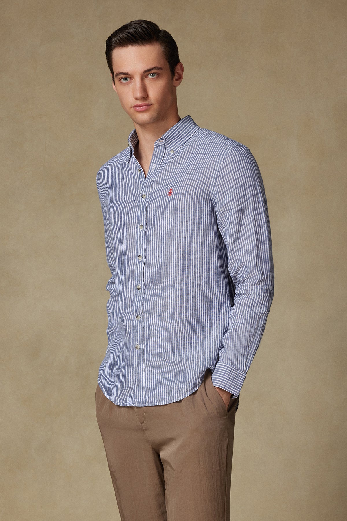 Abbate Sorento Keten Keten Comfort Fit Lacivert Düğmeli Yaka Erkek Çizgili Gömlek