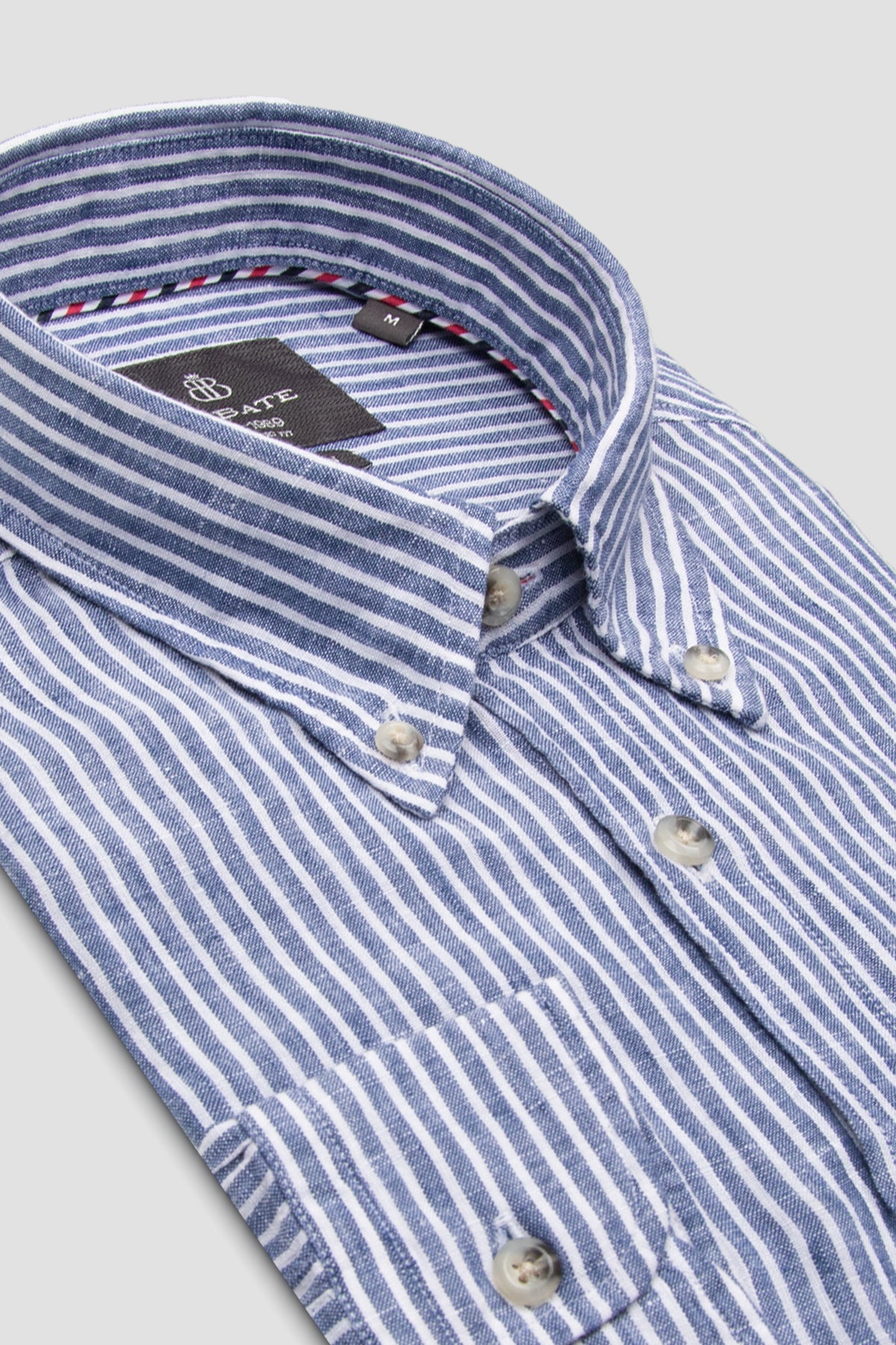 Abbate Sorento Keten Keten Comfort Fit Lacivert Düğmeli Yaka Erkek Çizgili Gömlek
