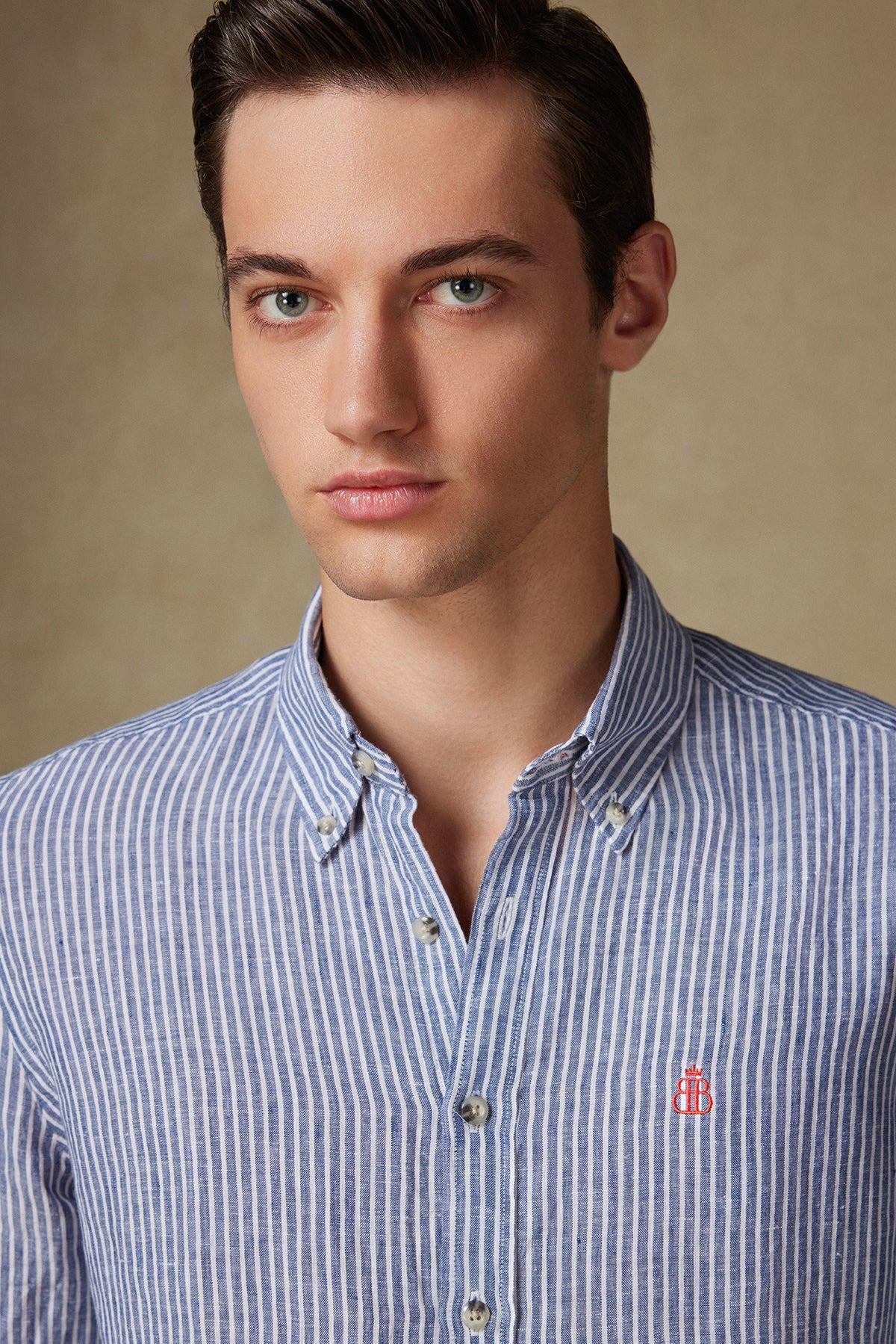 Abbate Sorento Keten Keten Comfort Fit Lacivert Düğmeli Yaka Erkek Çizgili Gömlek