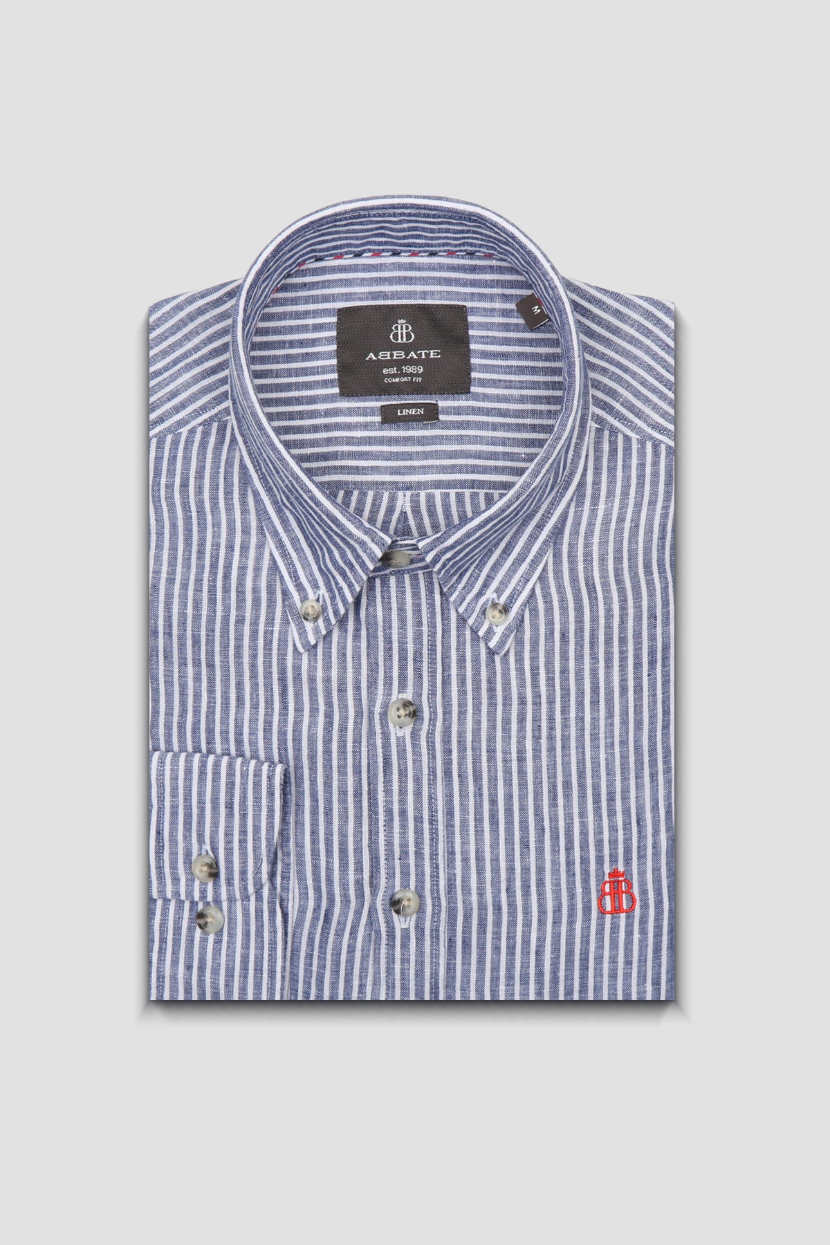 Abbate Sorento Keten Keten Comfort Fit Lacivert Düğmeli Yaka Erkek Çizgili Gömlek