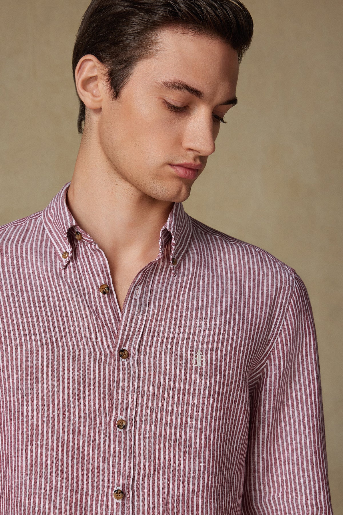 Abbate Sorento Keten Keten Comfort Fit Kırmızı Düğmeli Yaka Erkek Çizgili Gömlek