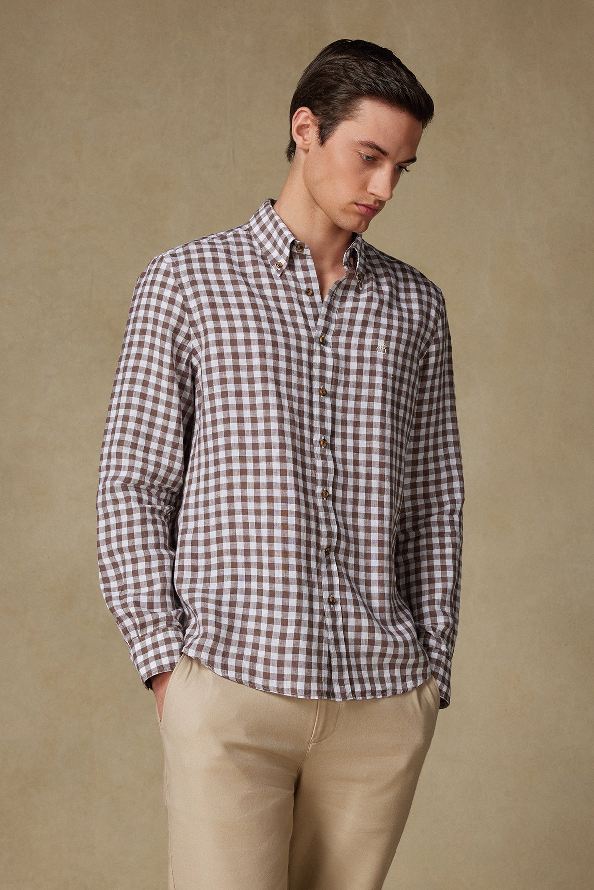 Abbate Sorento Keten Keten Comfort Fit Kahverengi Düğmeli Yaka Erkek Kareli Gömlek