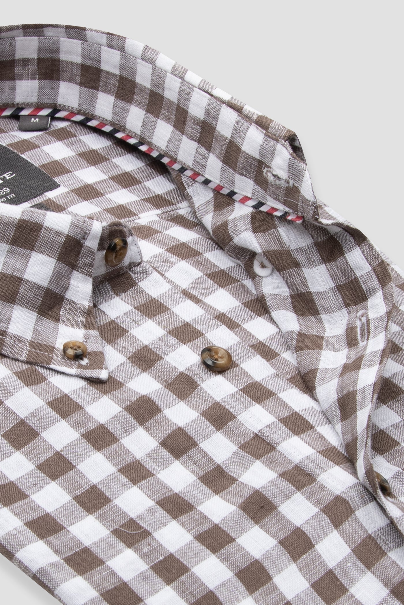 Abbate Sorento Keten Keten Comfort Fit Kahverengi Düğmeli Yaka Erkek Kareli Gömlek