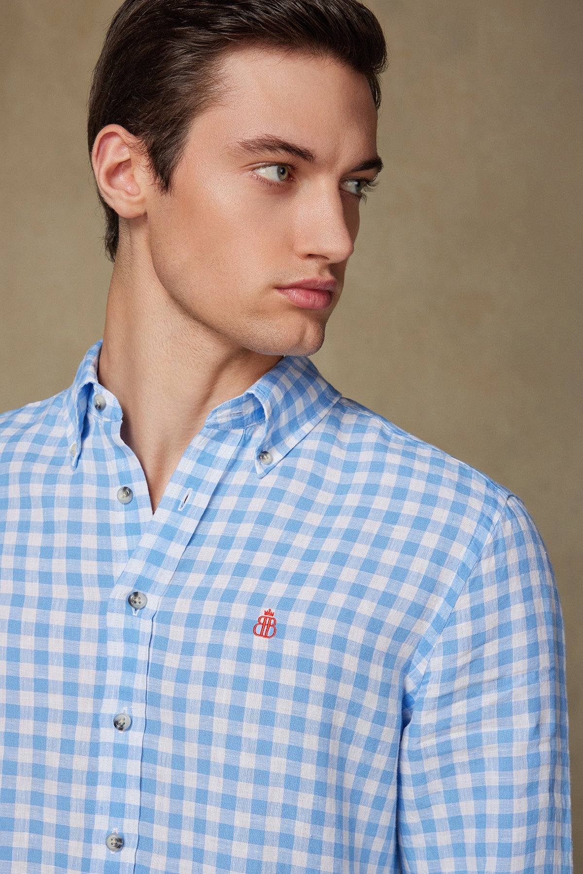 Abbate Sorento Keten Keten Comfort Fit Açık Mavi Düğmeli Yaka Erkek Kareli Gömlek