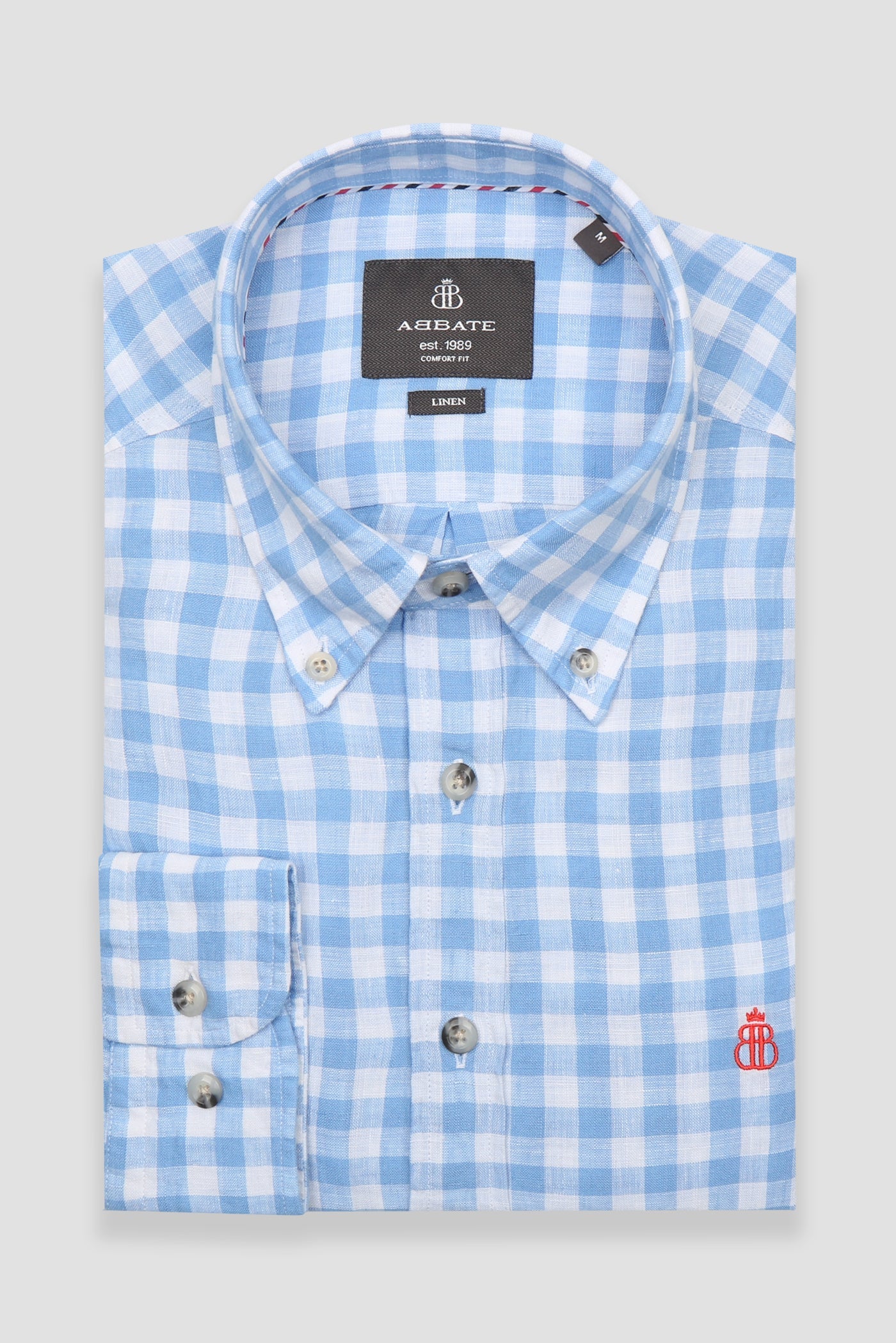 Abbate Sorento Keten Keten Comfort Fit Açık Mavi Düğmeli Yaka Erkek Kareli Gömlek
