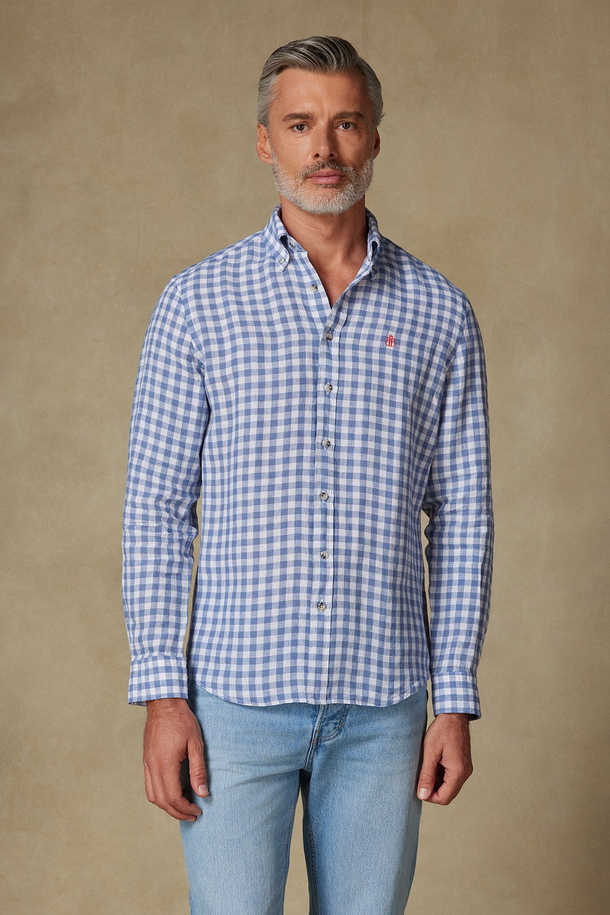 Abbate Sorento Keten Keten Comfort Fit Koyu Mavi Düğmeli Yaka Erkek Kareli Gömlek