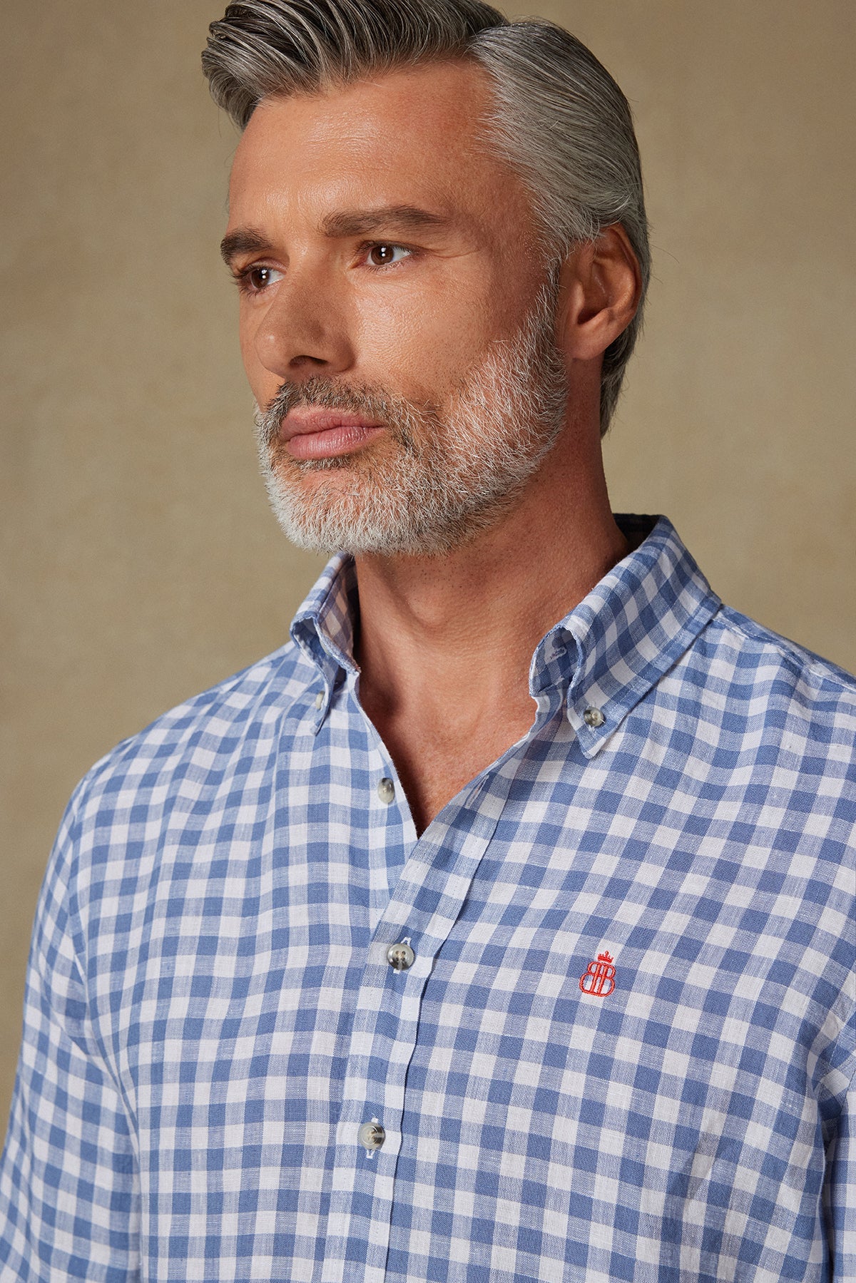 Abbate Sorento Keten Keten Comfort Fit Koyu Mavi Düğmeli Yaka Erkek Kareli Gömlek