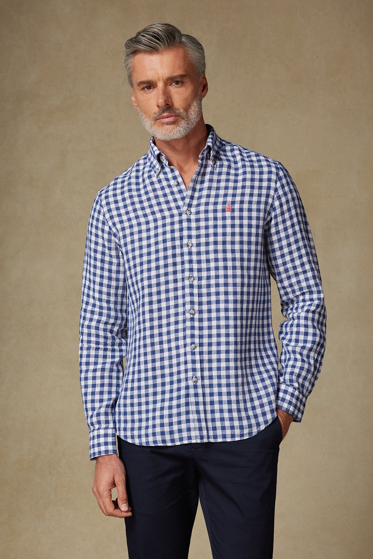 Abbate Sorento Keten Keten Comfort Fit Lacivert Düğmeli Yaka Erkek Kareli Gömlek