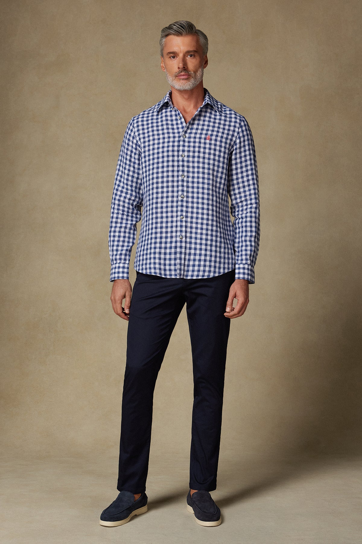 Abbate Sorento Keten Keten Comfort Fit Lacivert Düğmeli Yaka Erkek Kareli Gömlek