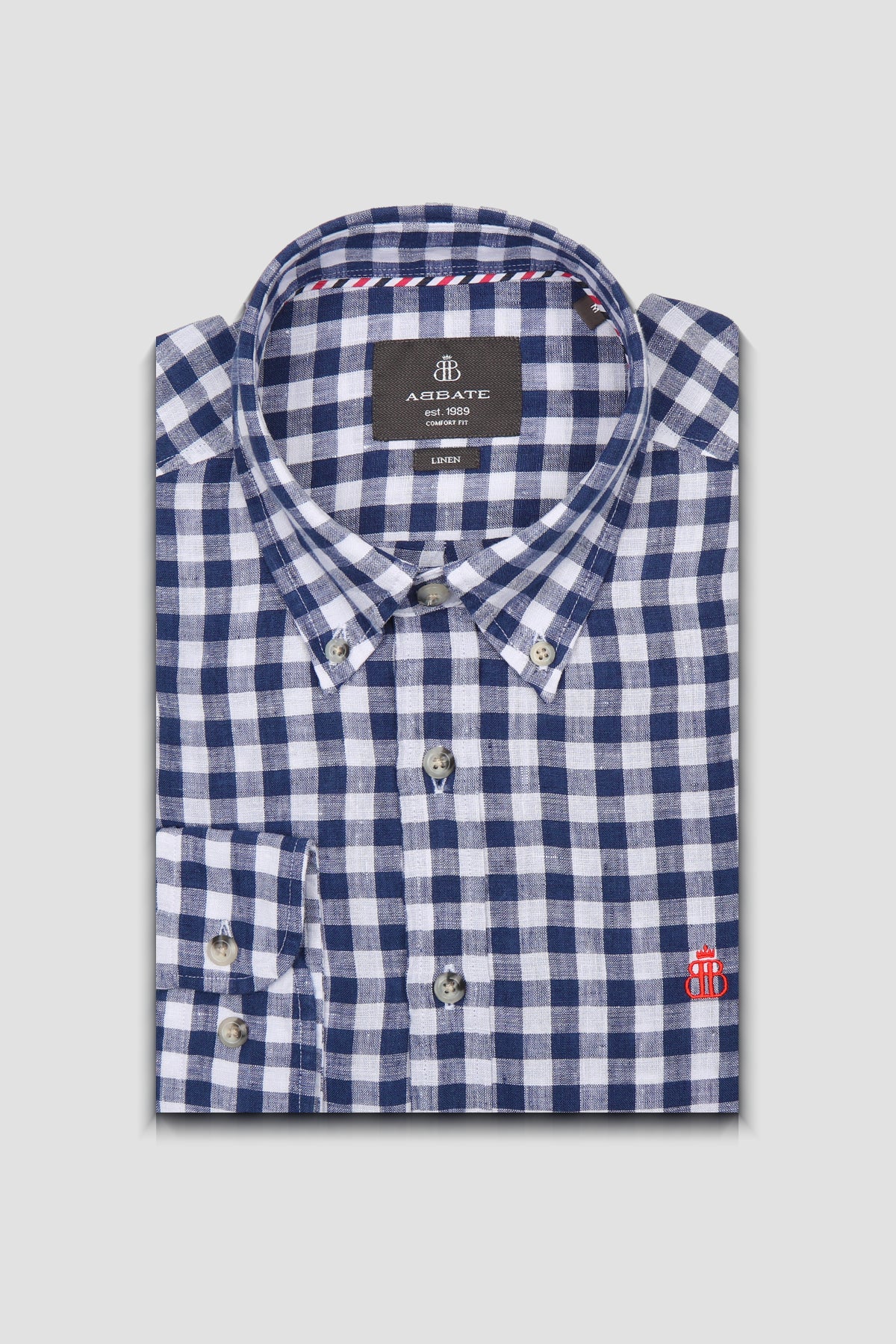 Abbate Sorento Keten Keten Comfort Fit Lacivert Düğmeli Yaka Erkek Kareli Gömlek