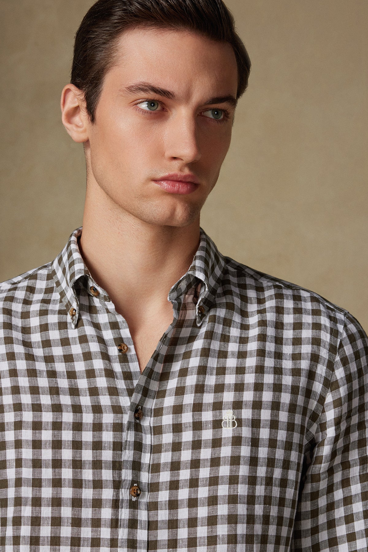 Abbate Sorento Keten Keten Comfort Fit Yeşil Düğmeli Yaka Erkek Kareli Gömlek