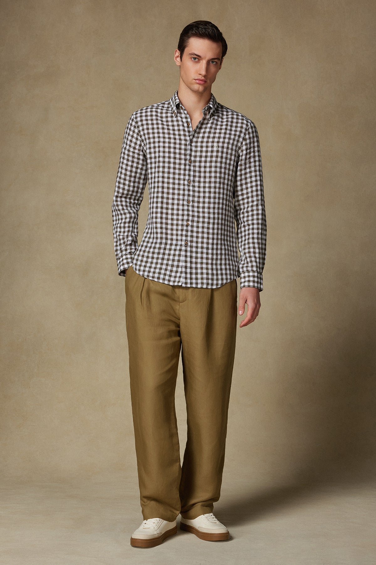 Abbate Sorento Keten Keten Comfort Fit Yeşil Düğmeli Yaka Erkek Kareli Gömlek