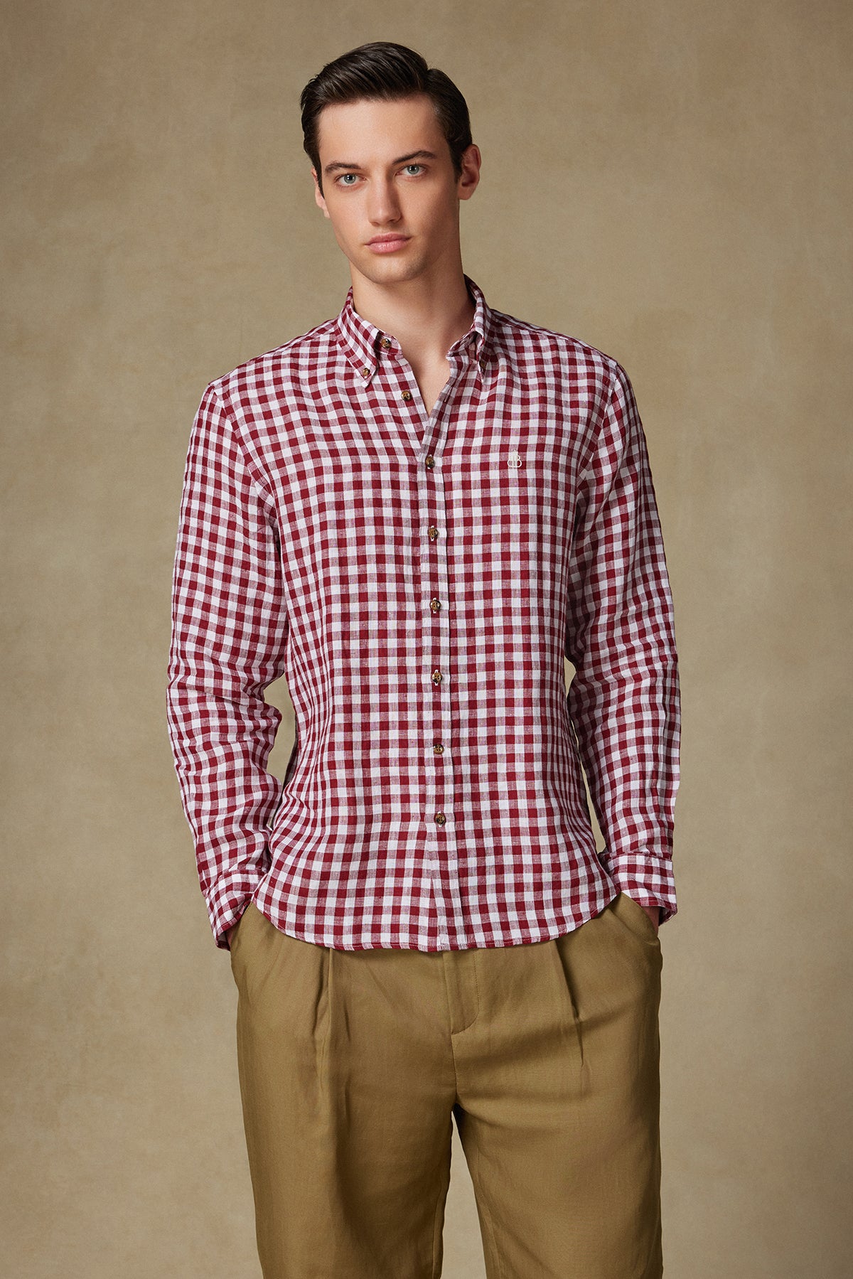 Abbate Sorento Keten Keten Comfort Fit Kırmızı Düğmeli Yaka Erkek Kareli Gömlek