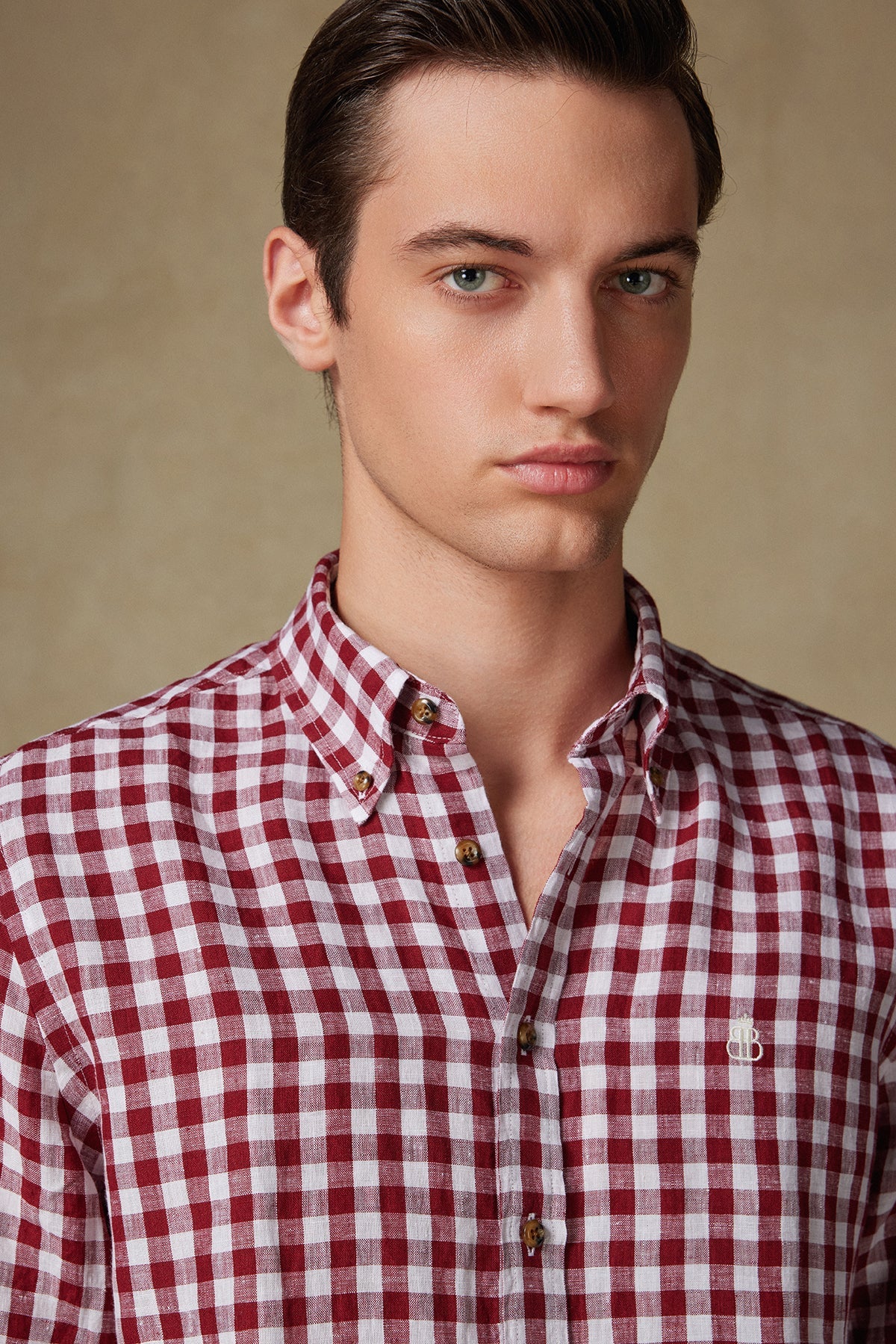 Abbate Sorento Keten Keten Comfort Fit Kırmızı Düğmeli Yaka Erkek Kareli Gömlek