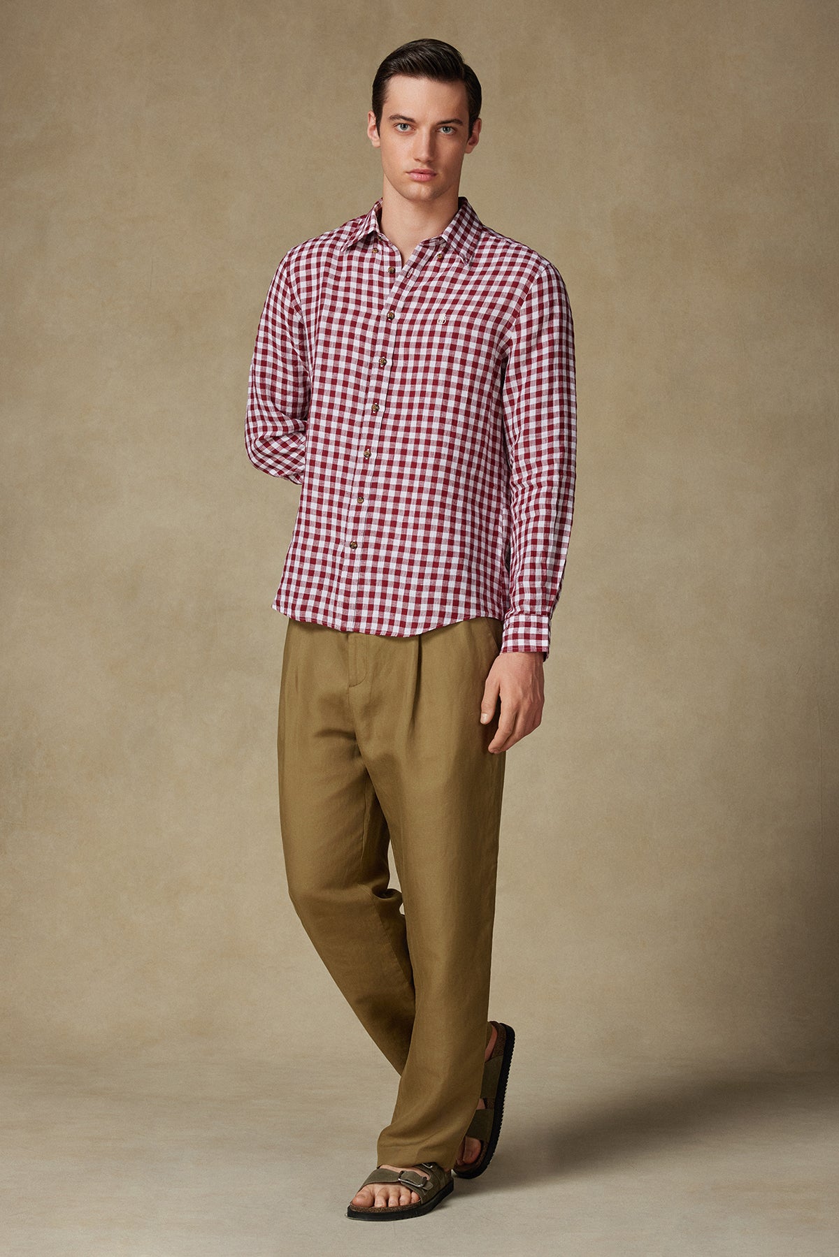 Abbate Sorento Keten Keten Comfort Fit Kırmızı Düğmeli Yaka Erkek Kareli Gömlek