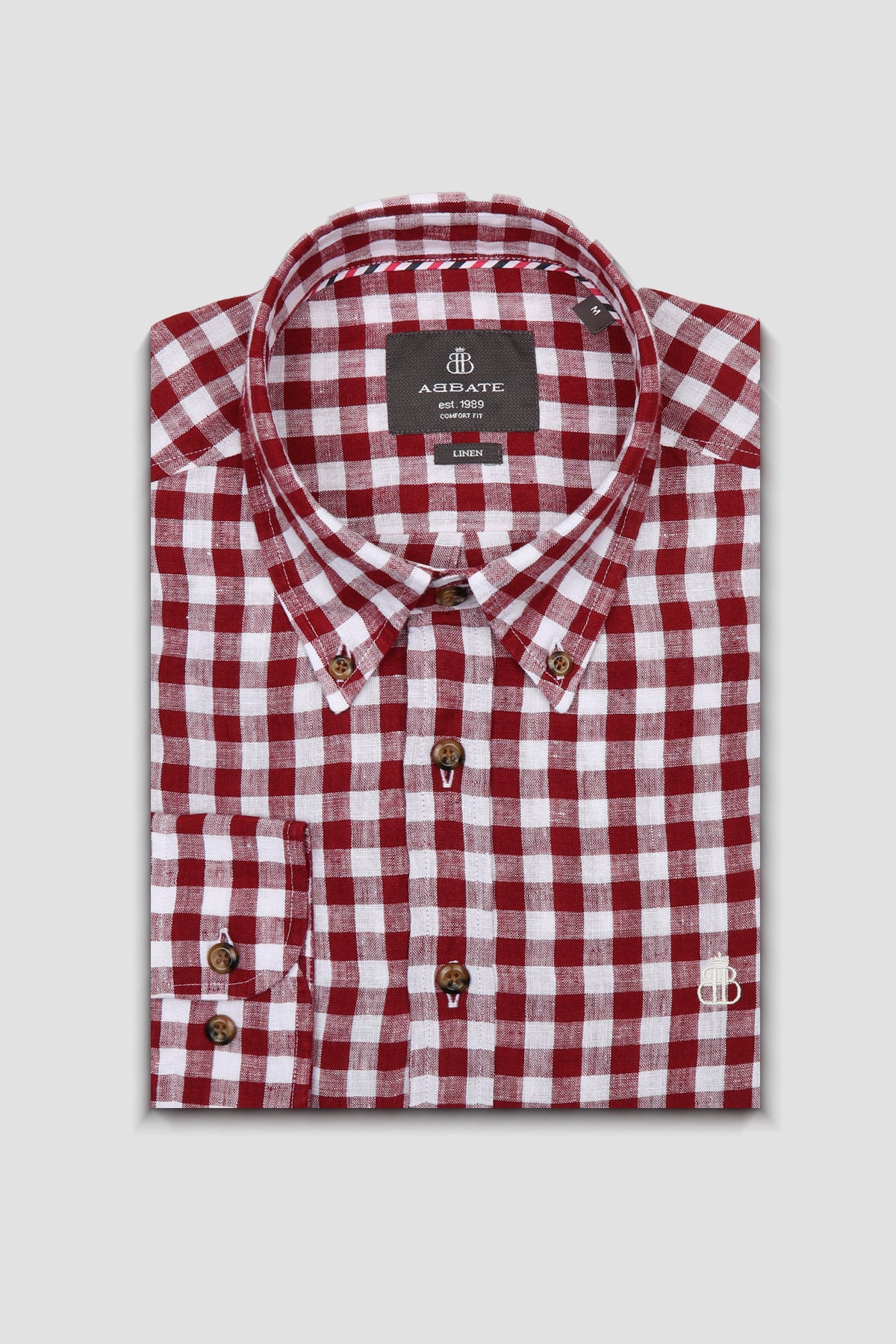 Abbate Sorento Keten Keten Comfort Fit Kırmızı Düğmeli Yaka Erkek Kareli Gömlek