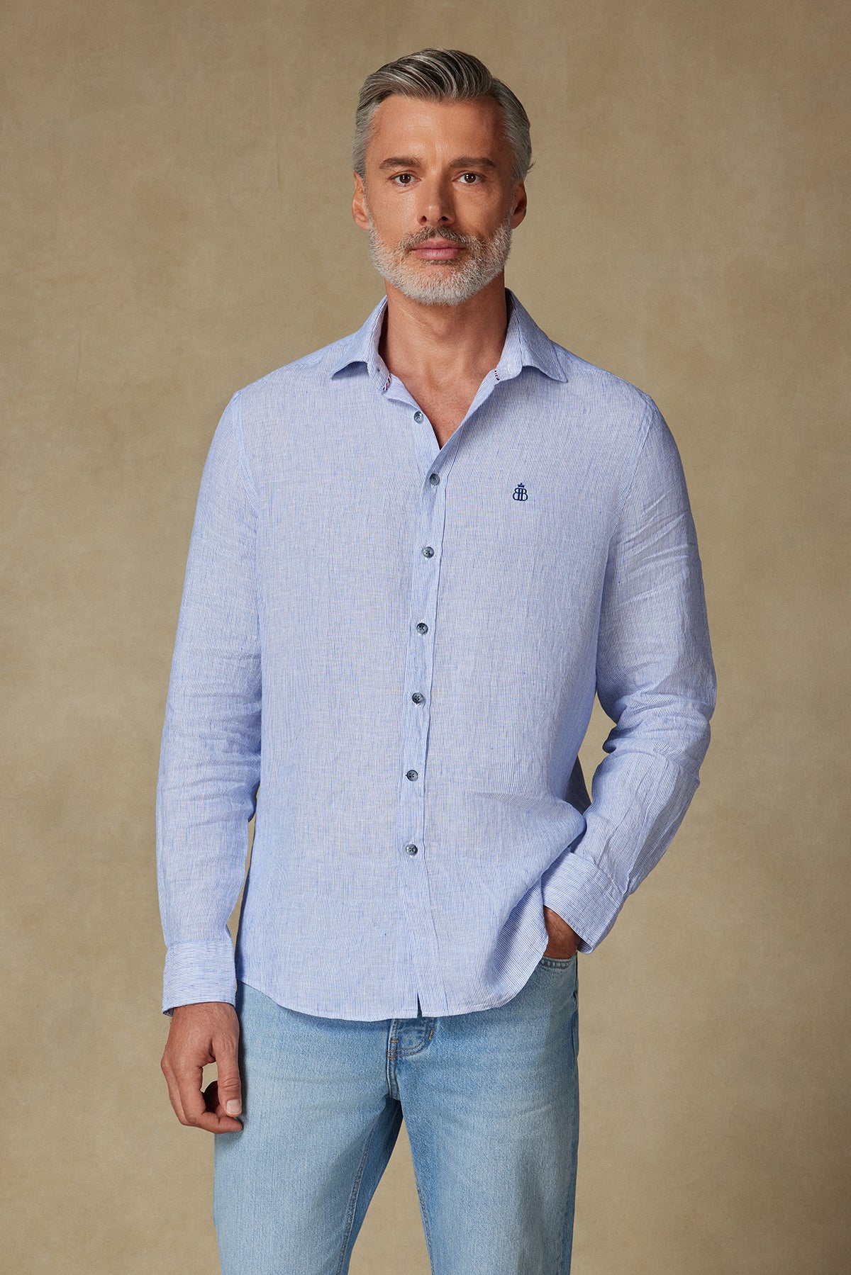 Abbate Lieno Keten Keten Comfort Fit Açık Mavi Klasik Yaka Erkek Çizgili Gömlek