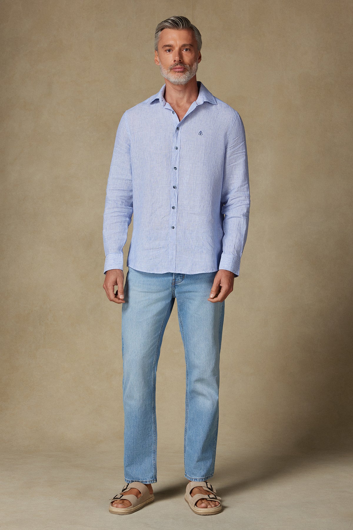 Abbate Lieno Keten Keten Comfort Fit Açık Mavi Klasik Yaka Erkek Çizgili Gömlek