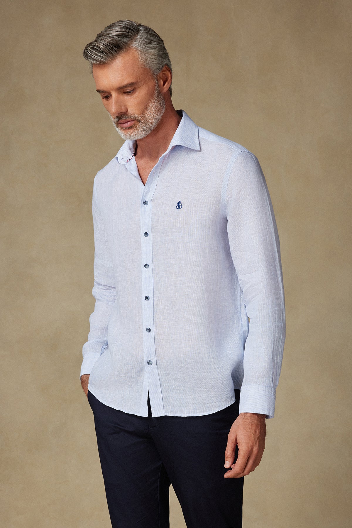 Abbate Lieno Keten Keten Comfort Fit Koyu Mavi Klasik Yaka Erkek Çizgili Gömlek