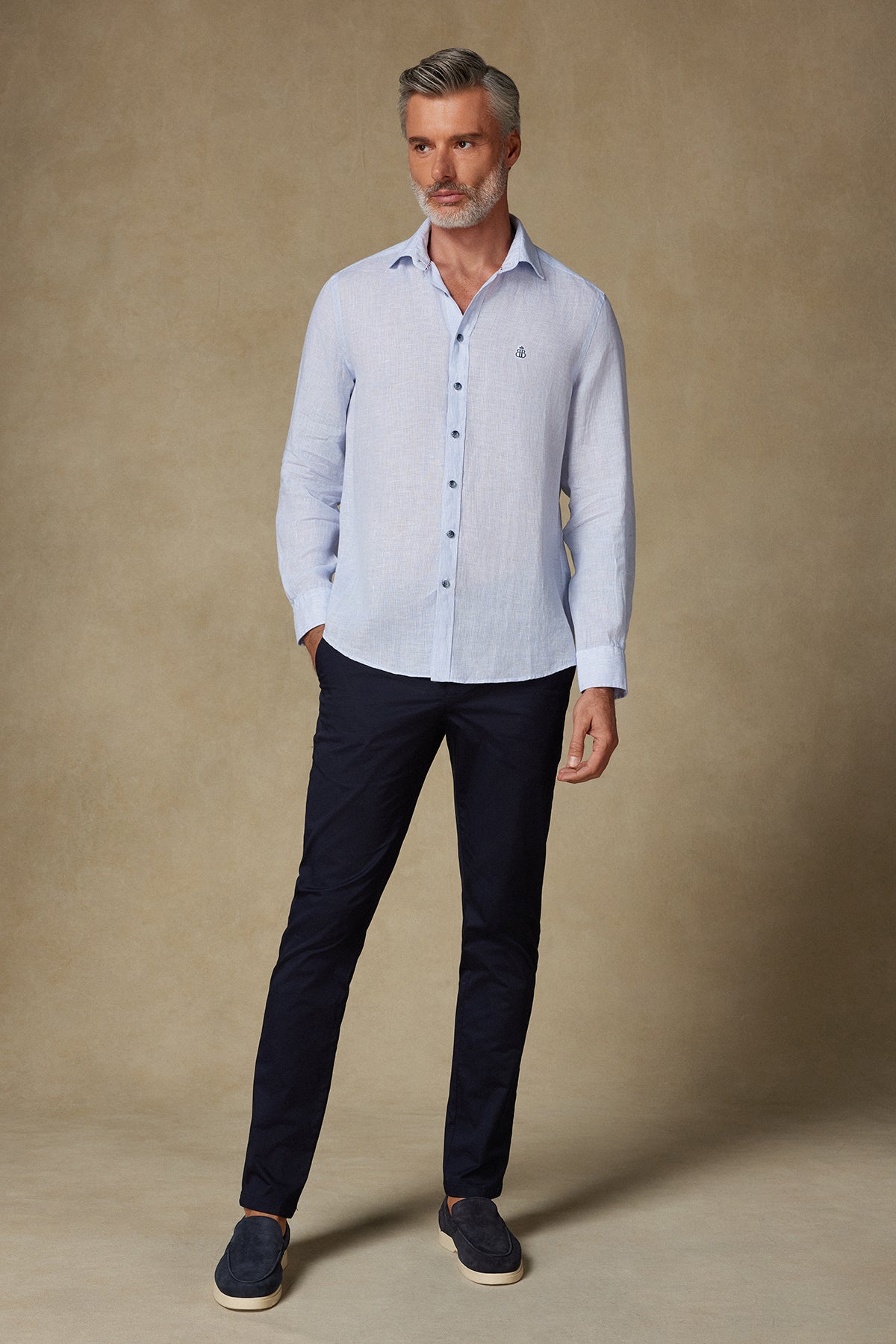 Abbate Lieno Keten Keten Comfort Fit Koyu Mavi Klasik Yaka Erkek Çizgili Gömlek