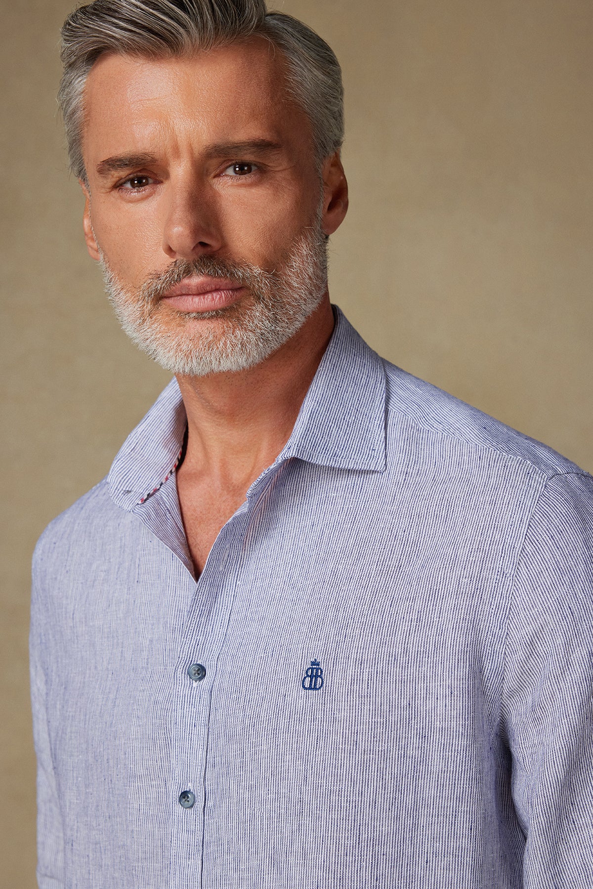 Abbate Lieno Keten Keten Comfort Fit Lacivert Klasik Yaka Erkek Çizgili Gömlek