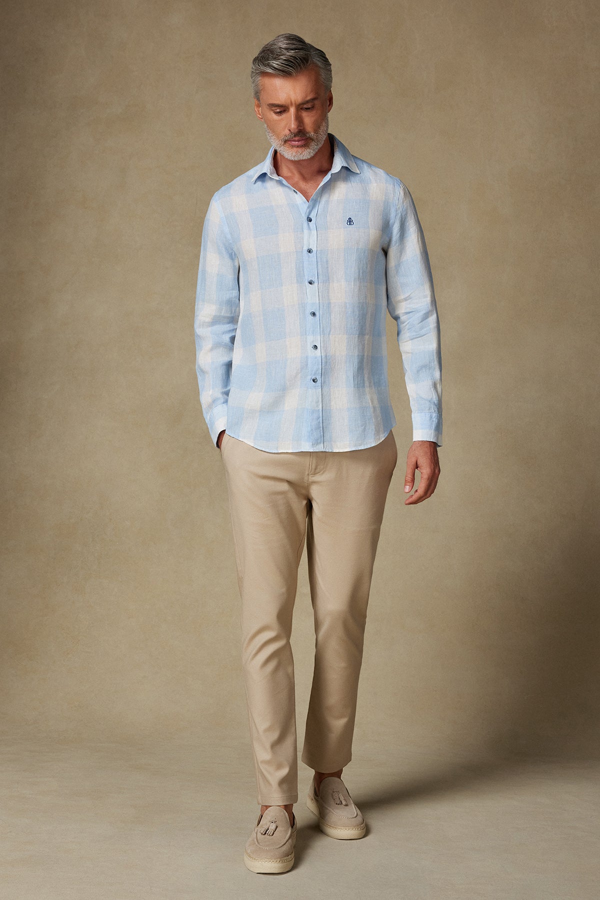 Abbate Lieno Keten Keten Comfort Fit Mavi Klasik Yaka Erkek Kareli Gömlek