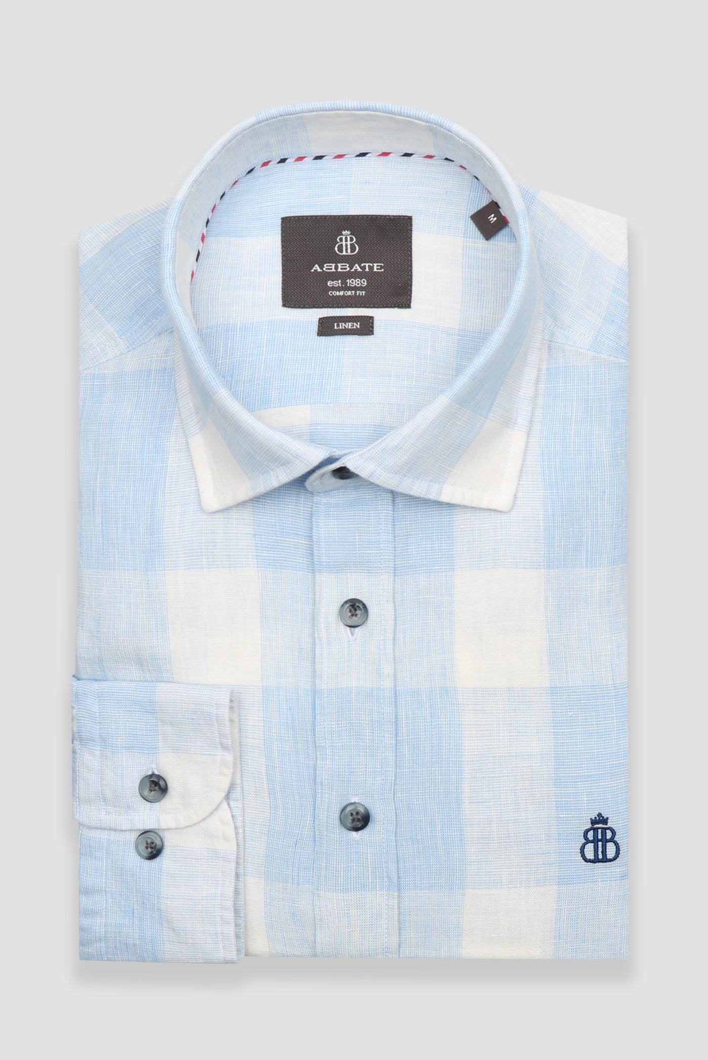 Abbate Lieno Keten Keten Comfort Fit Mavi Klasik Yaka Erkek Kareli Gömlek