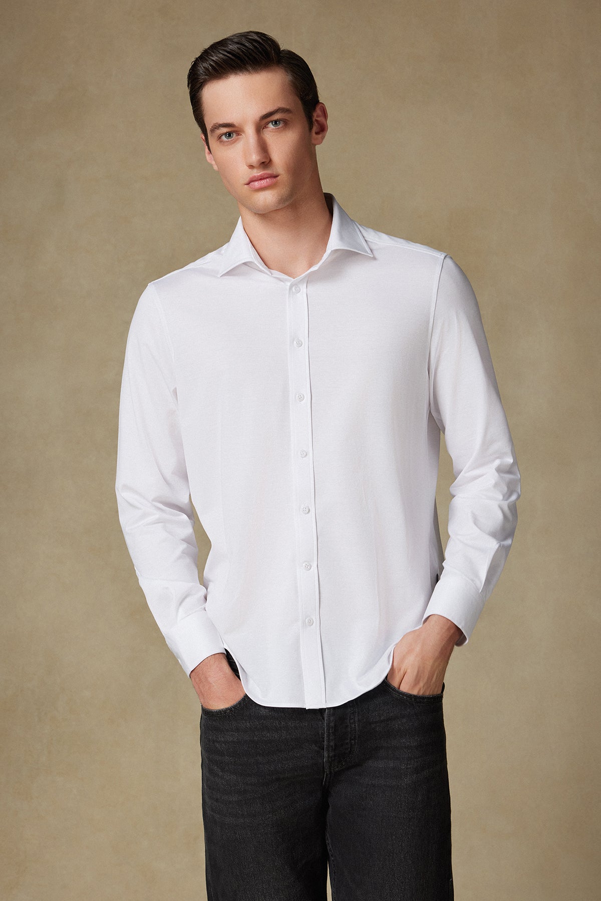 Abbate Floransa Örme Kumaş Pamuk Karışımlı Comfort Fit Beyaz Klasik Yaka Erkek Düz Gömlek