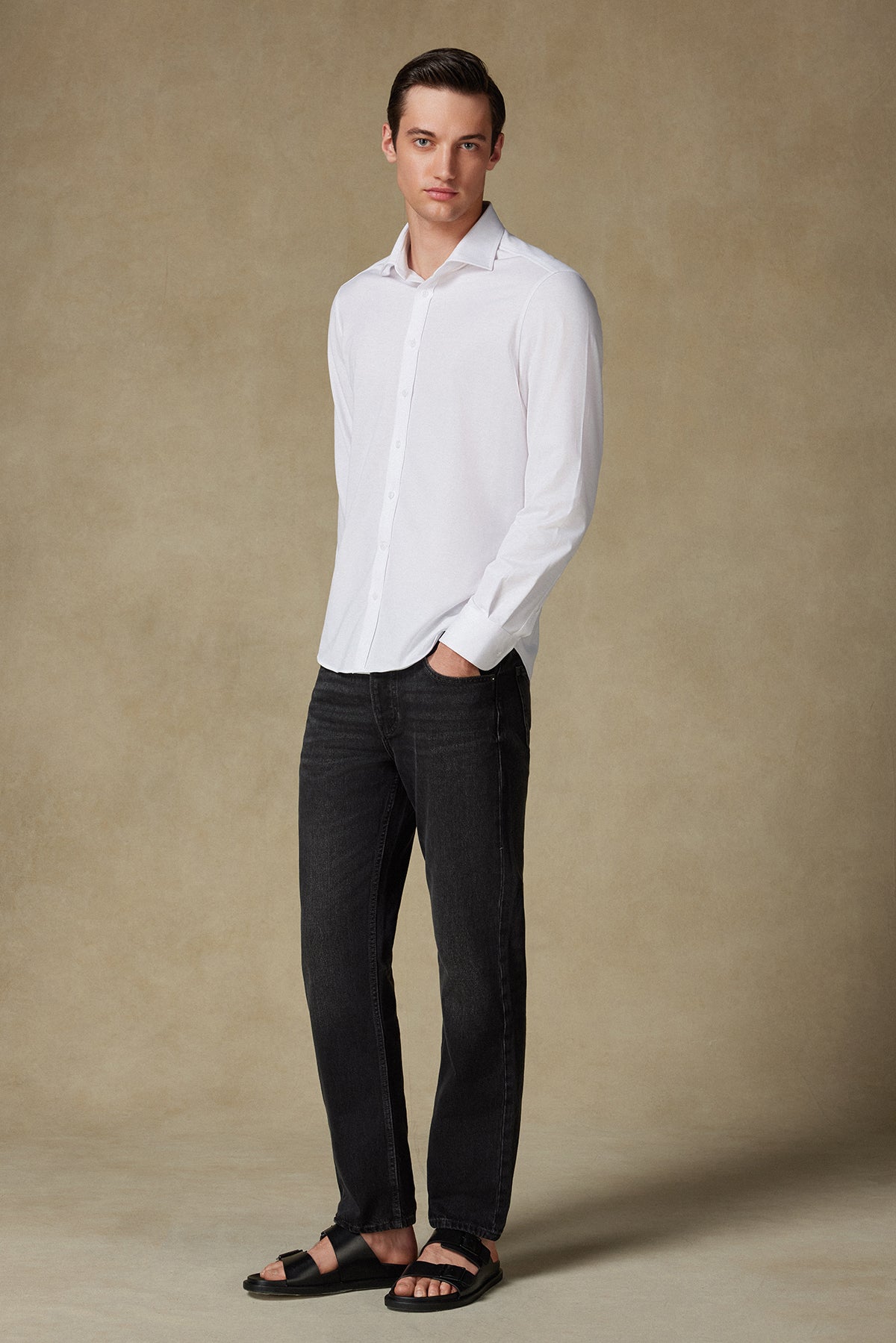 Abbate Floransa Örme Kumaş Pamuk Karışımlı Comfort Fit Beyaz Klasik Yaka Erkek Düz Gömlek