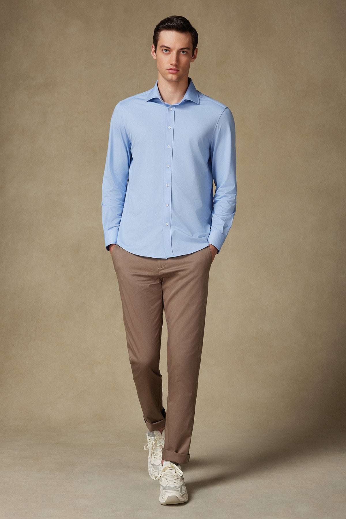 Abbate Floransa Örme Kumaş Pamuk Karışımlı Comfort Fit Mavi Klasik Yaka Erkek Düz Gömlek