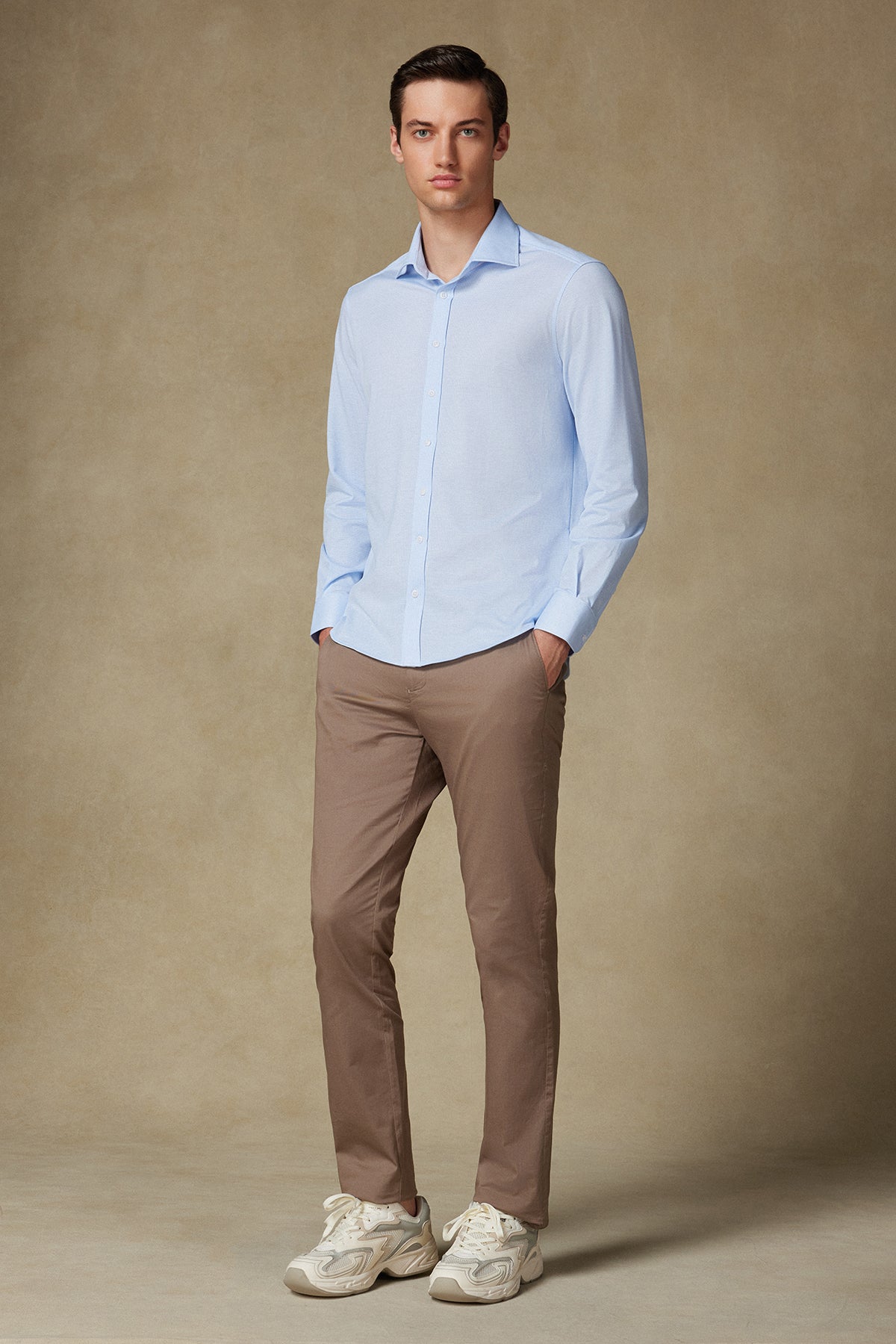 Abbate Floransa Örme Kumaş Pamuk Karışımlı Comfort Fit Açık Mavi Klasik Yaka Erkek Desenli Gömlek