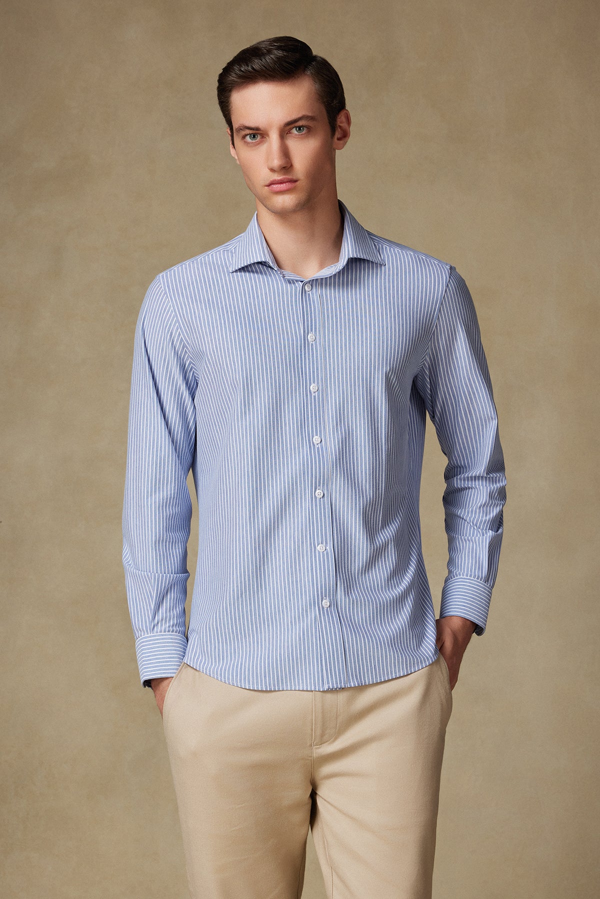 Abbate Floransa Örme Kumaş Pamuk Karışımlı Comfort Fit Lacivert Klasik Yaka Erkek Çizgili Gömlek