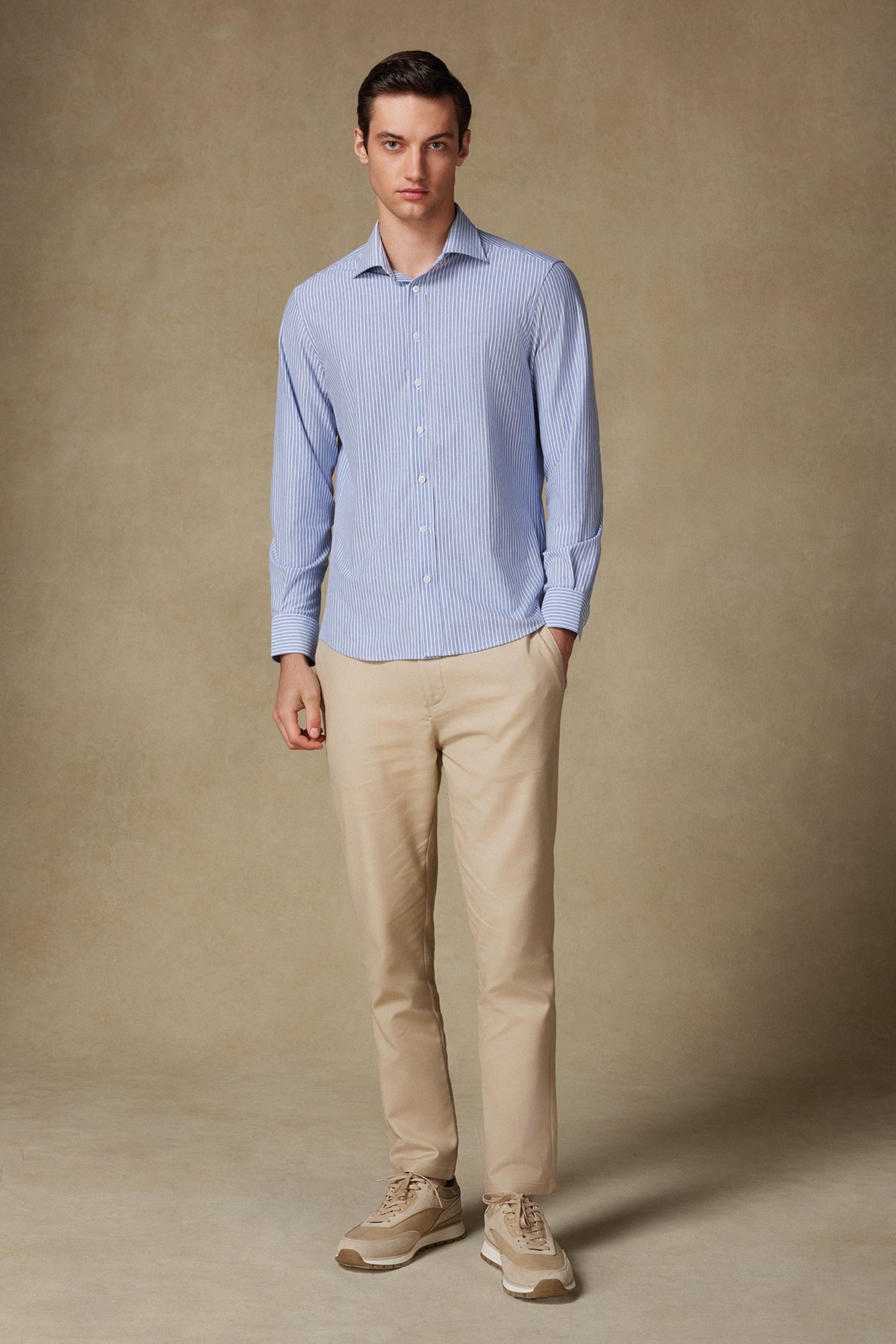 Abbate Floransa Örme Kumaş Pamuk Karışımlı Comfort Fit Lacivert Klasik Yaka Erkek Çizgili Gömlek